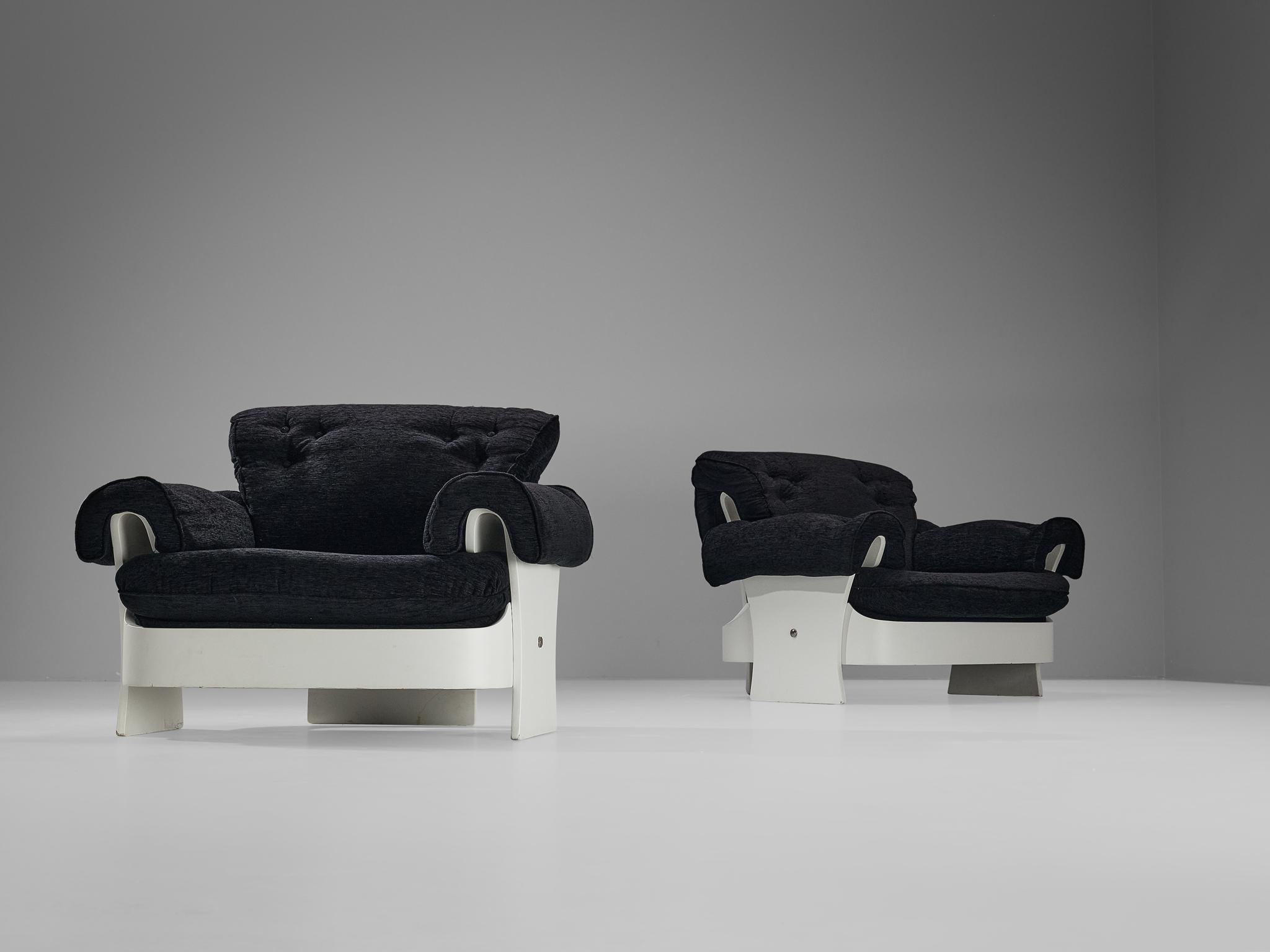 Metal Italian Lounge Chairs in White Plywood and Black Upholstery