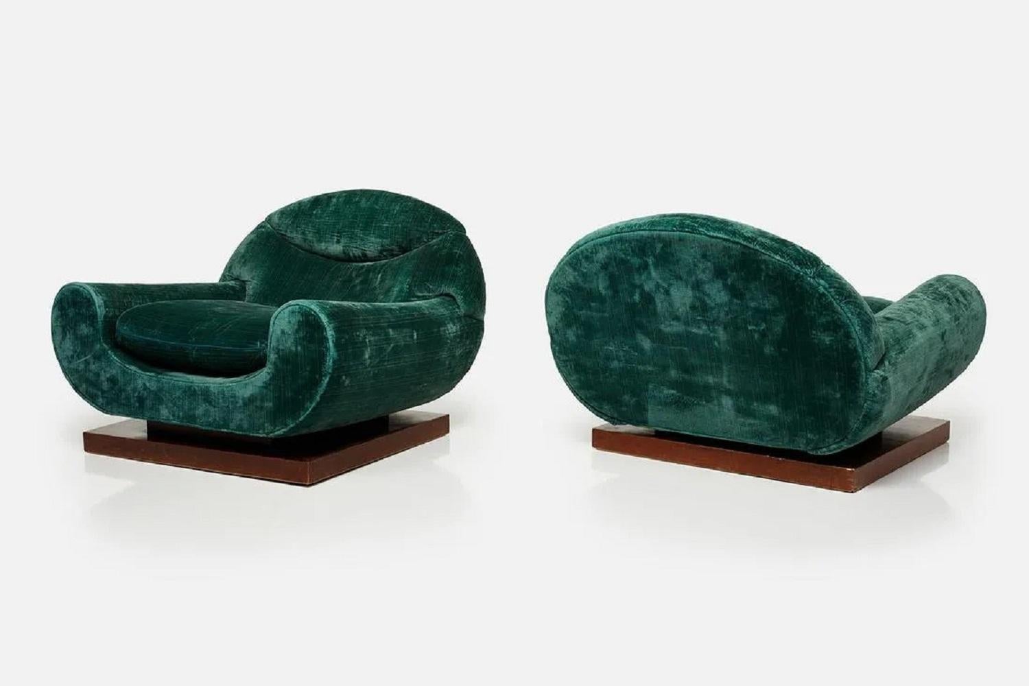 Pair of Italian Lounge chairs on Platform wood bases. Original velvet fabric.