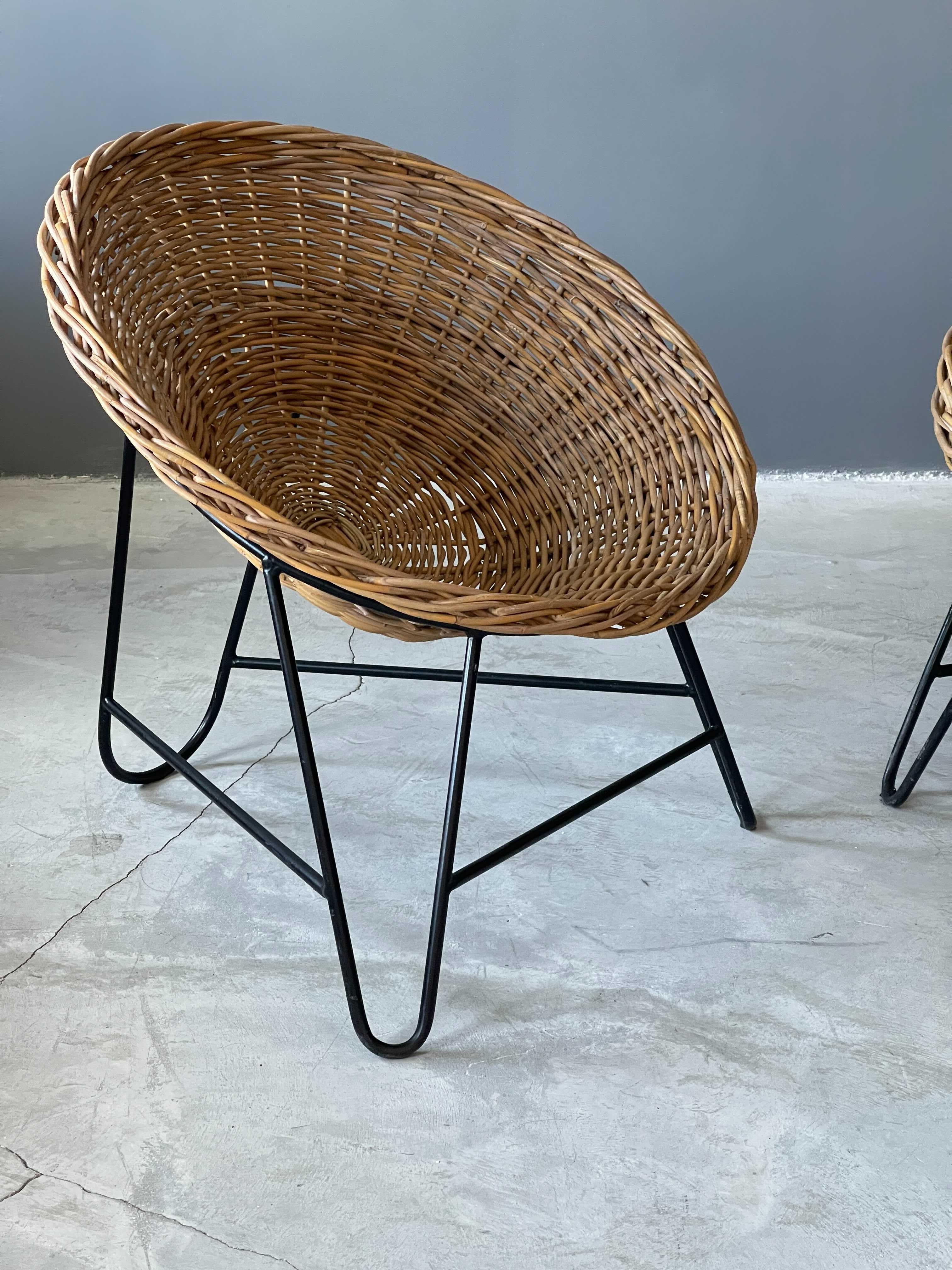 Mid-Century Modern Italian, Lounge Chairs, Rattan, Black Lacquered Metal, Italy, 1960s