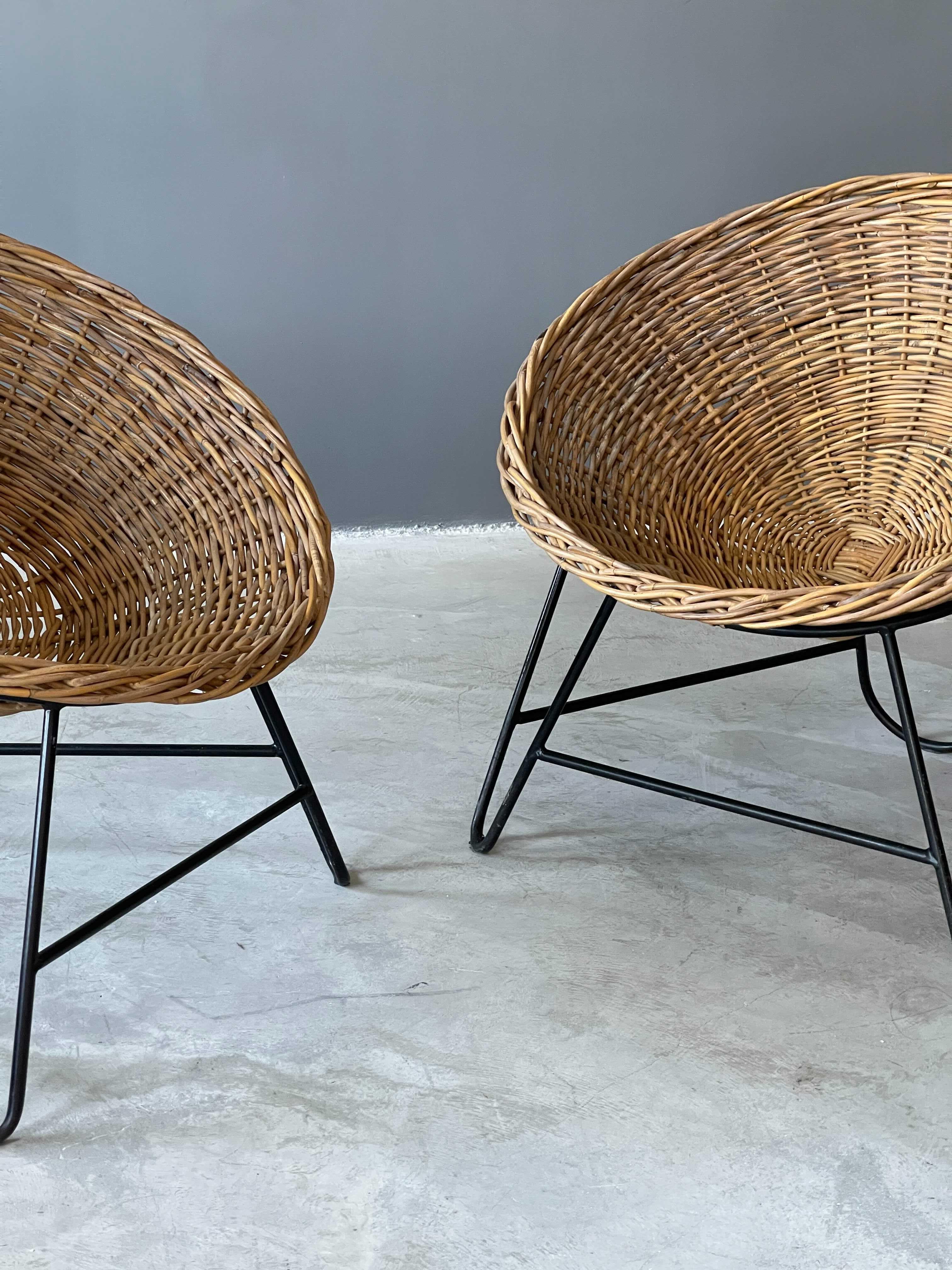 Mid-20th Century Italian, Lounge Chairs, Rattan, Black Lacquered Metal, Italy, 1960s