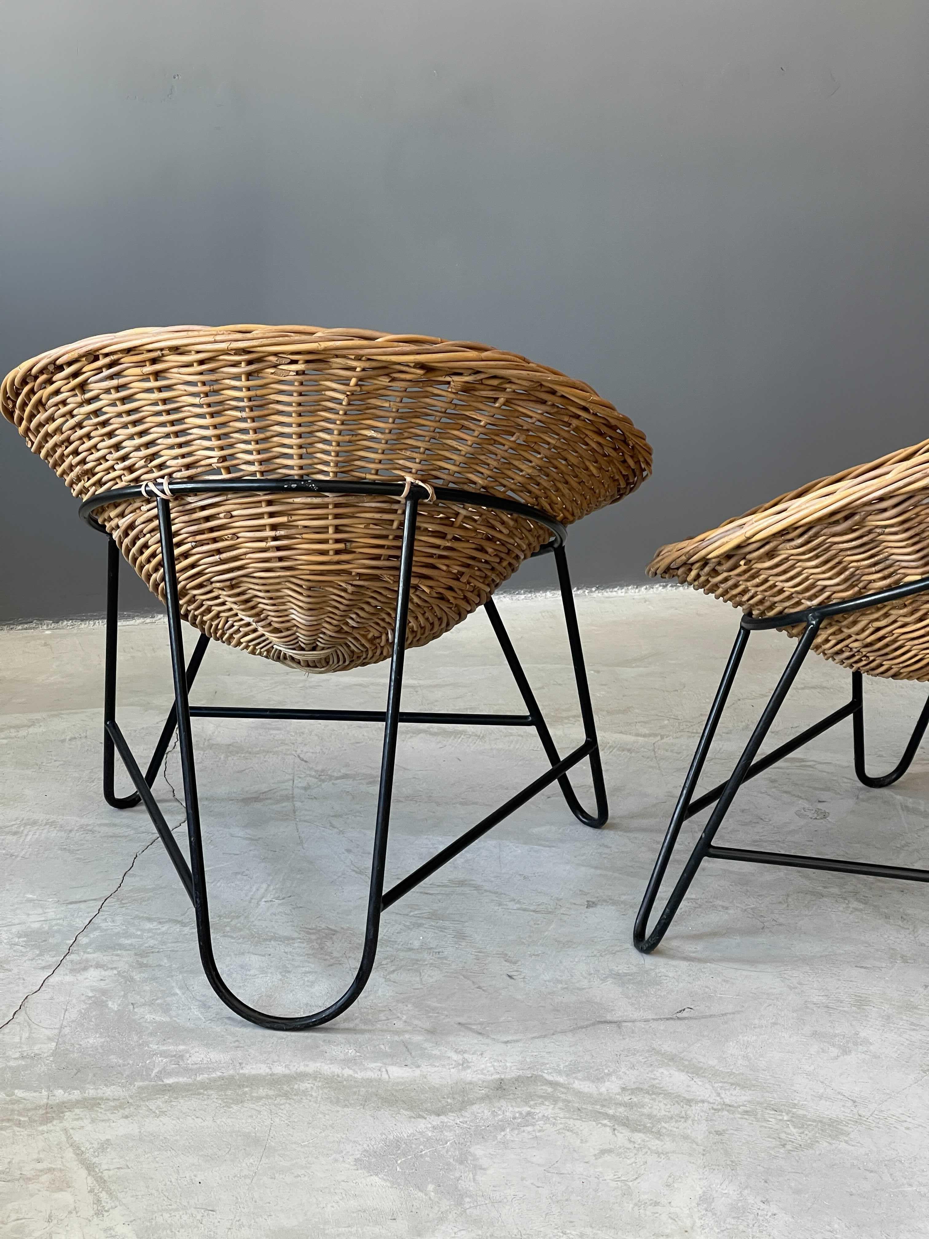 Italian, Lounge Chairs, Rattan, Black Lacquered Metal, Italy, 1960s 1