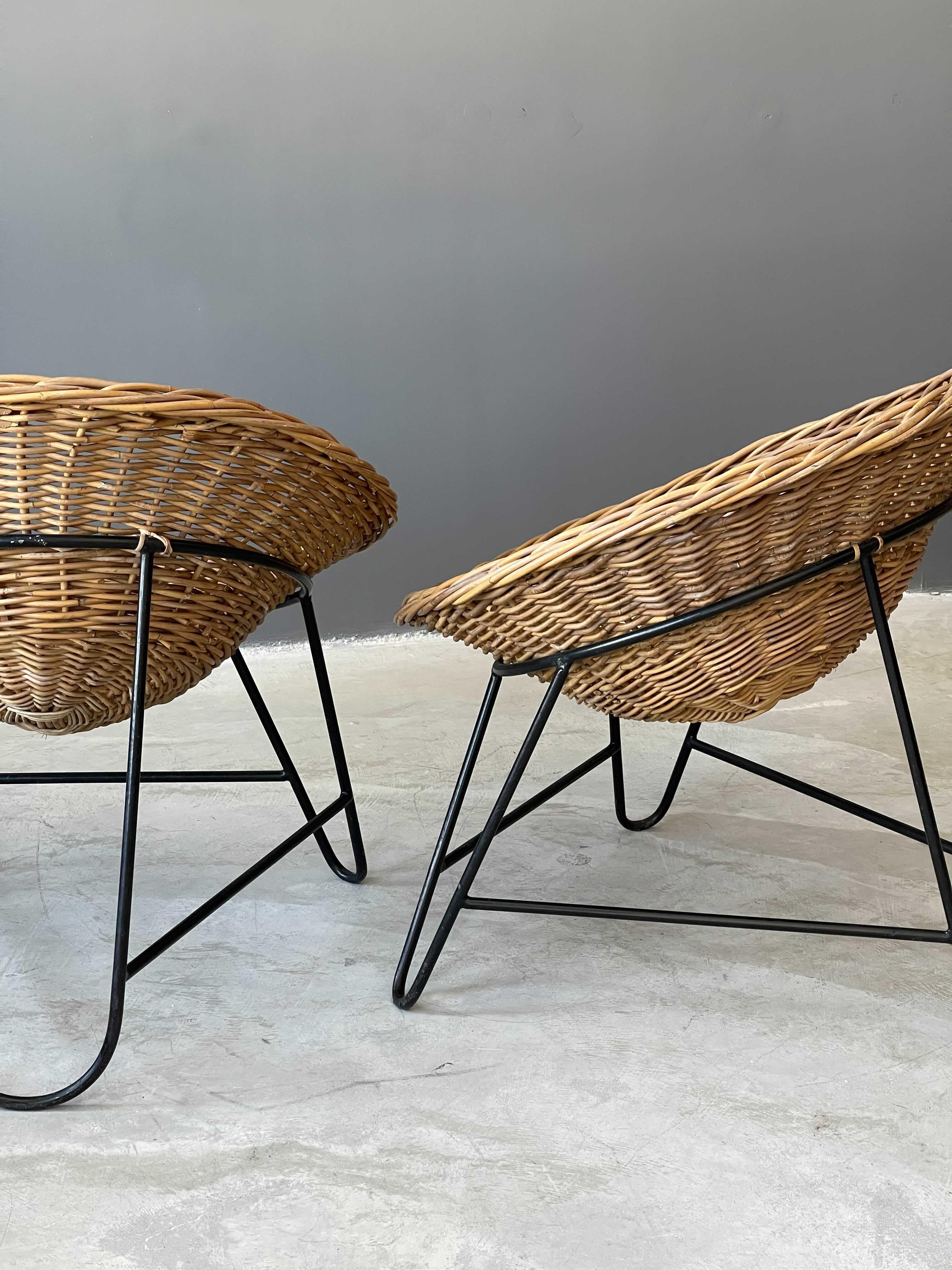 Italian, Lounge Chairs, Rattan, Black Lacquered Metal, Italy, 1960s 2
