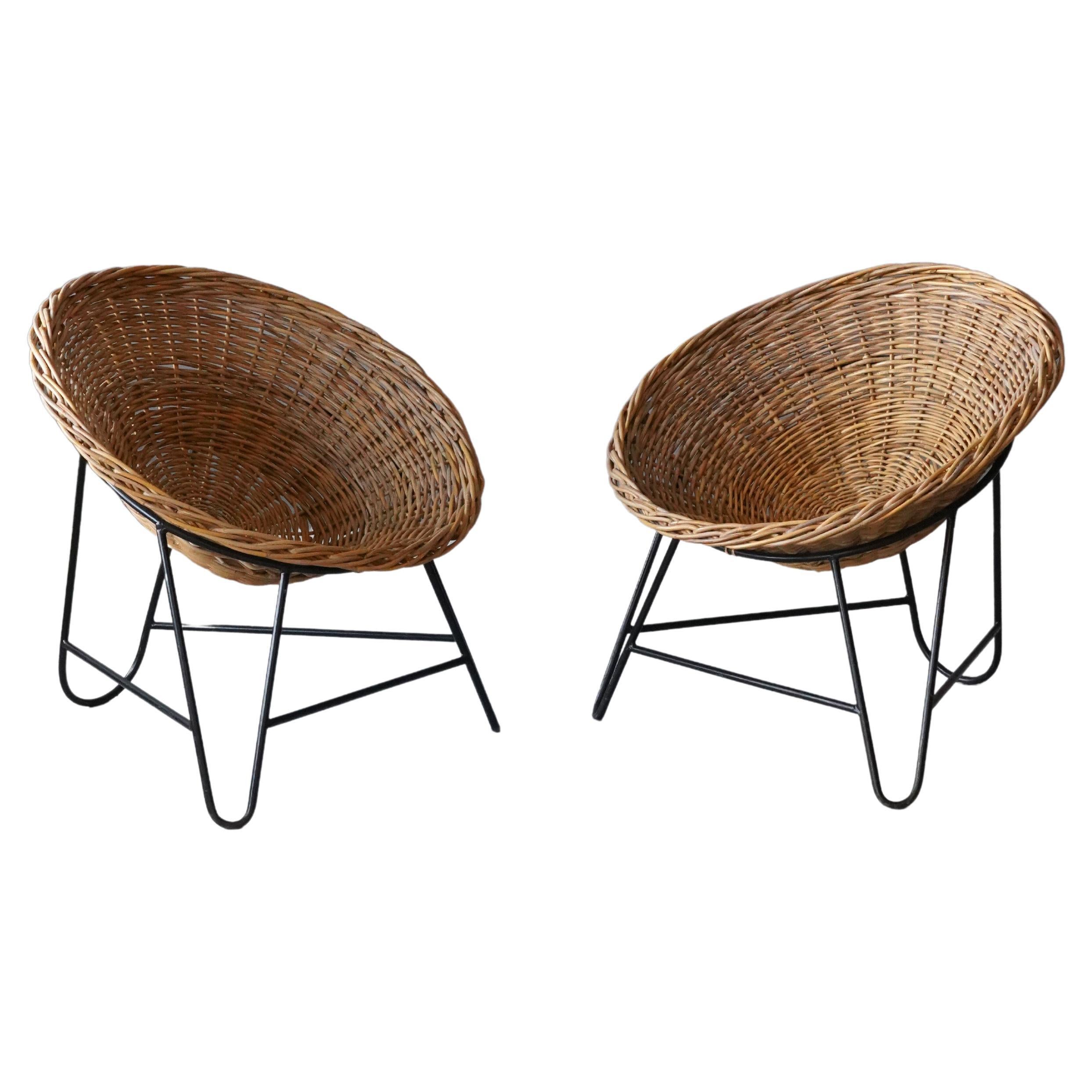 Italian, Lounge Chairs, Rattan, Black Lacquered Metal, Italy, 1960s