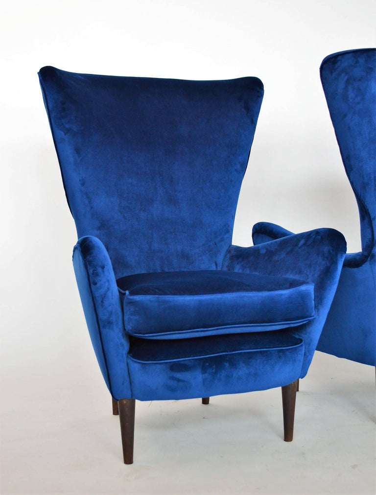 Italian Lounge Chairs Restored with Royal-Blue Velvet, 1950s For Sale