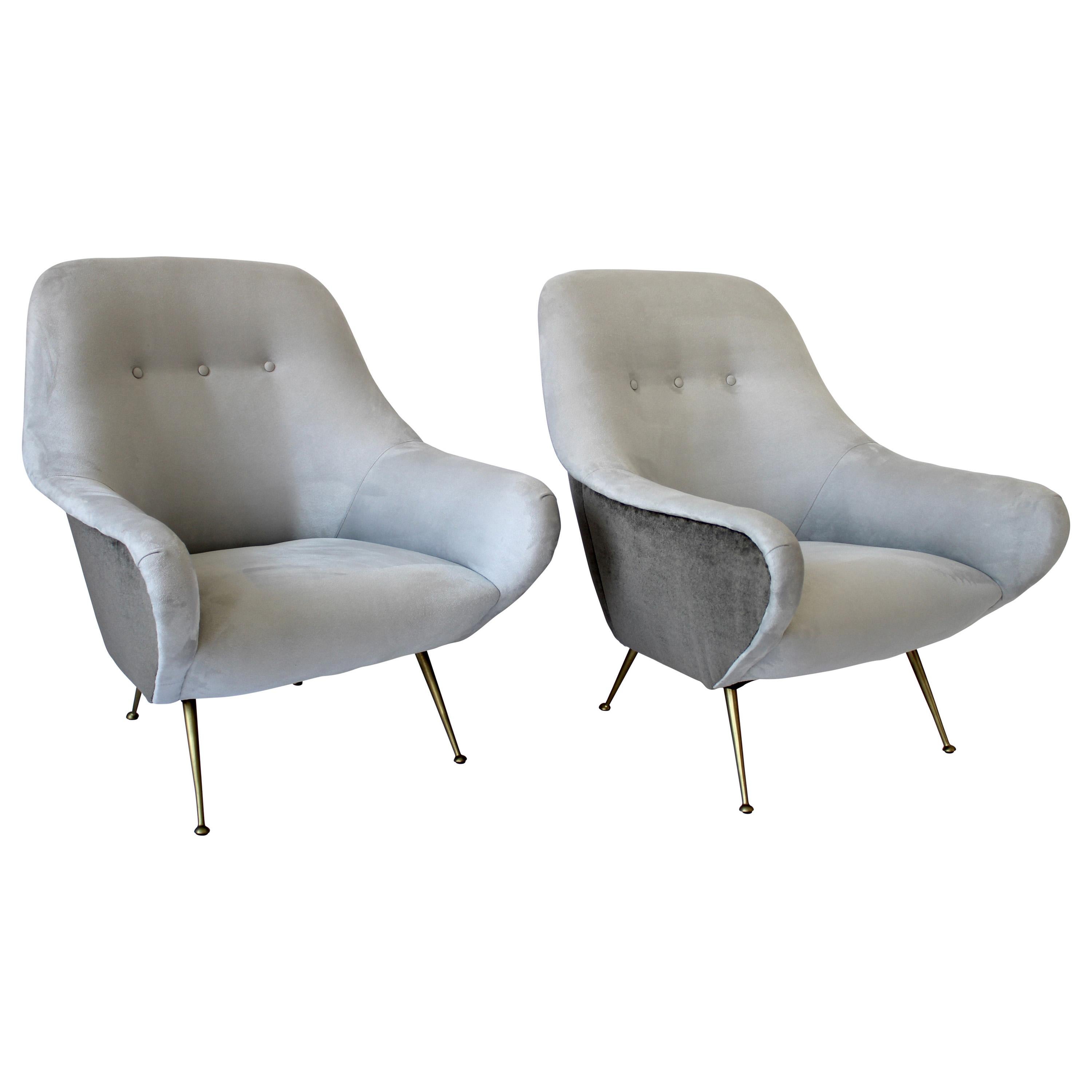 Italian Lounge Chairs the Style of Gigi Radice Gray Mohair and Gray Ultra Suede