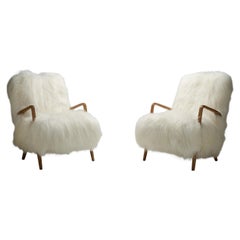 Italian Lounge Chairs Upholstered in White Longhair Sheepskin, Italy 1960s