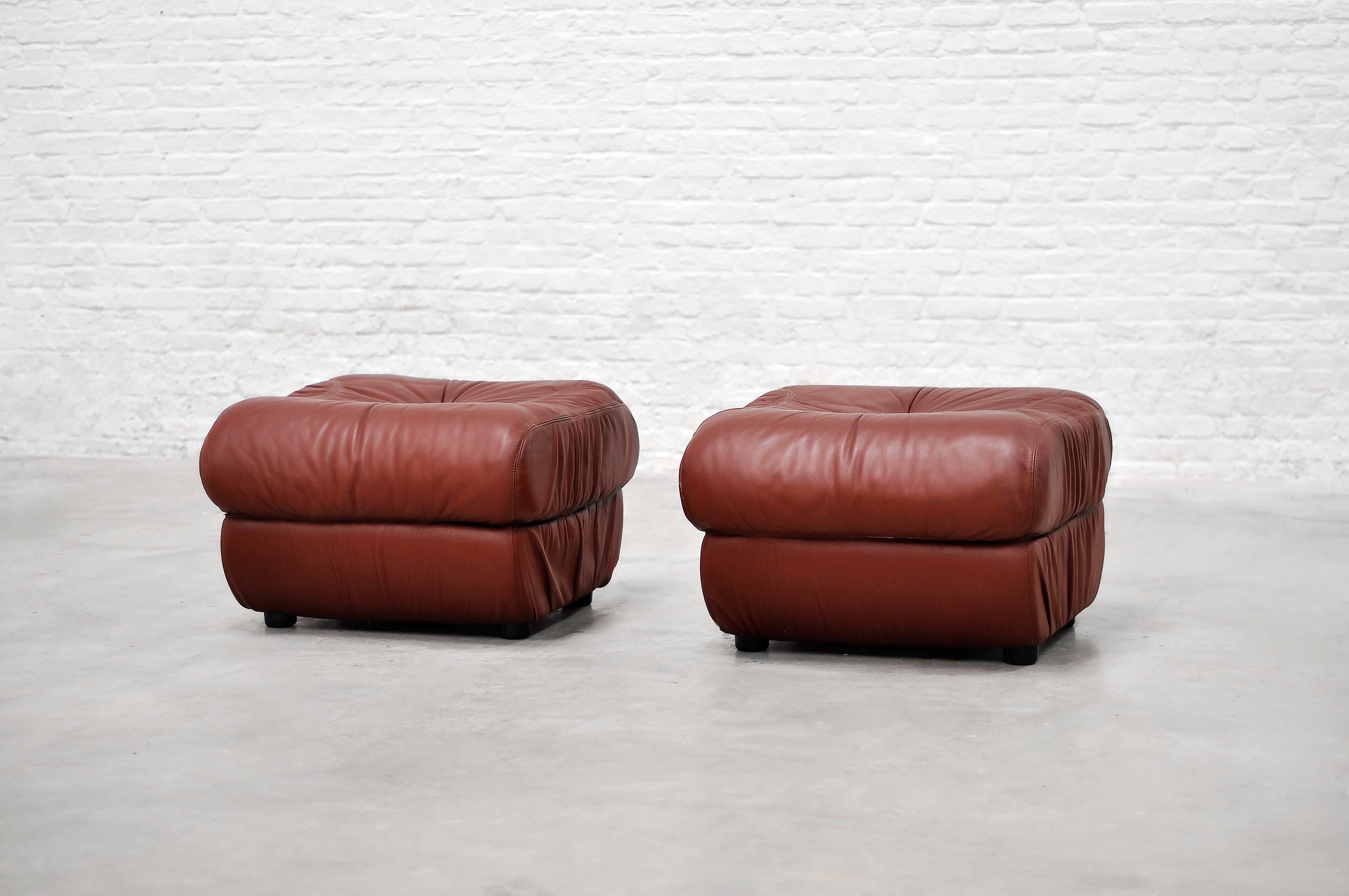 Italian Lounge Chairs with Ottomans in Cognac Leather, 1970s 5