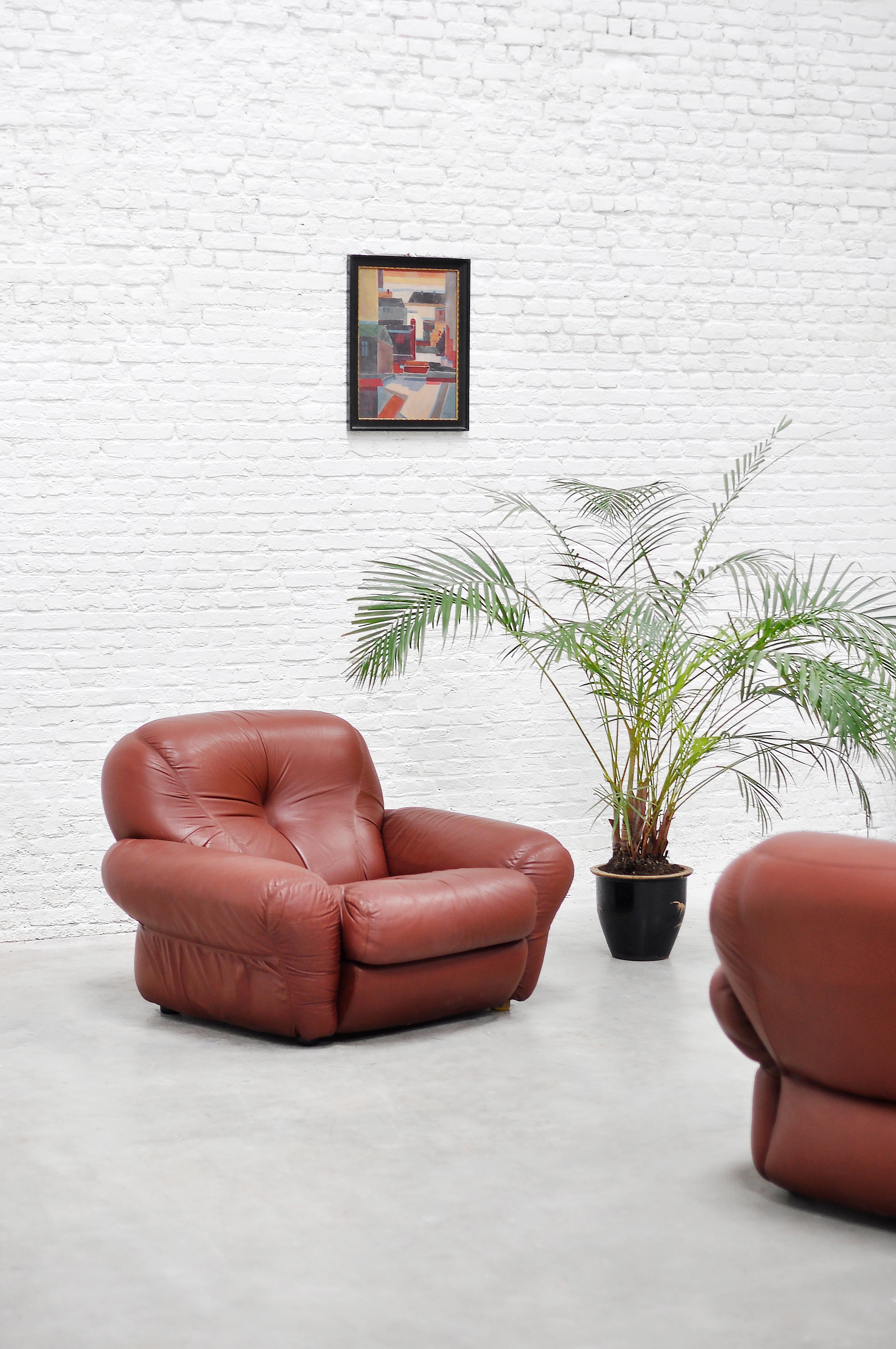 Italian Lounge Chairs with Ottomans in Cognac Leather, 1970s 2
