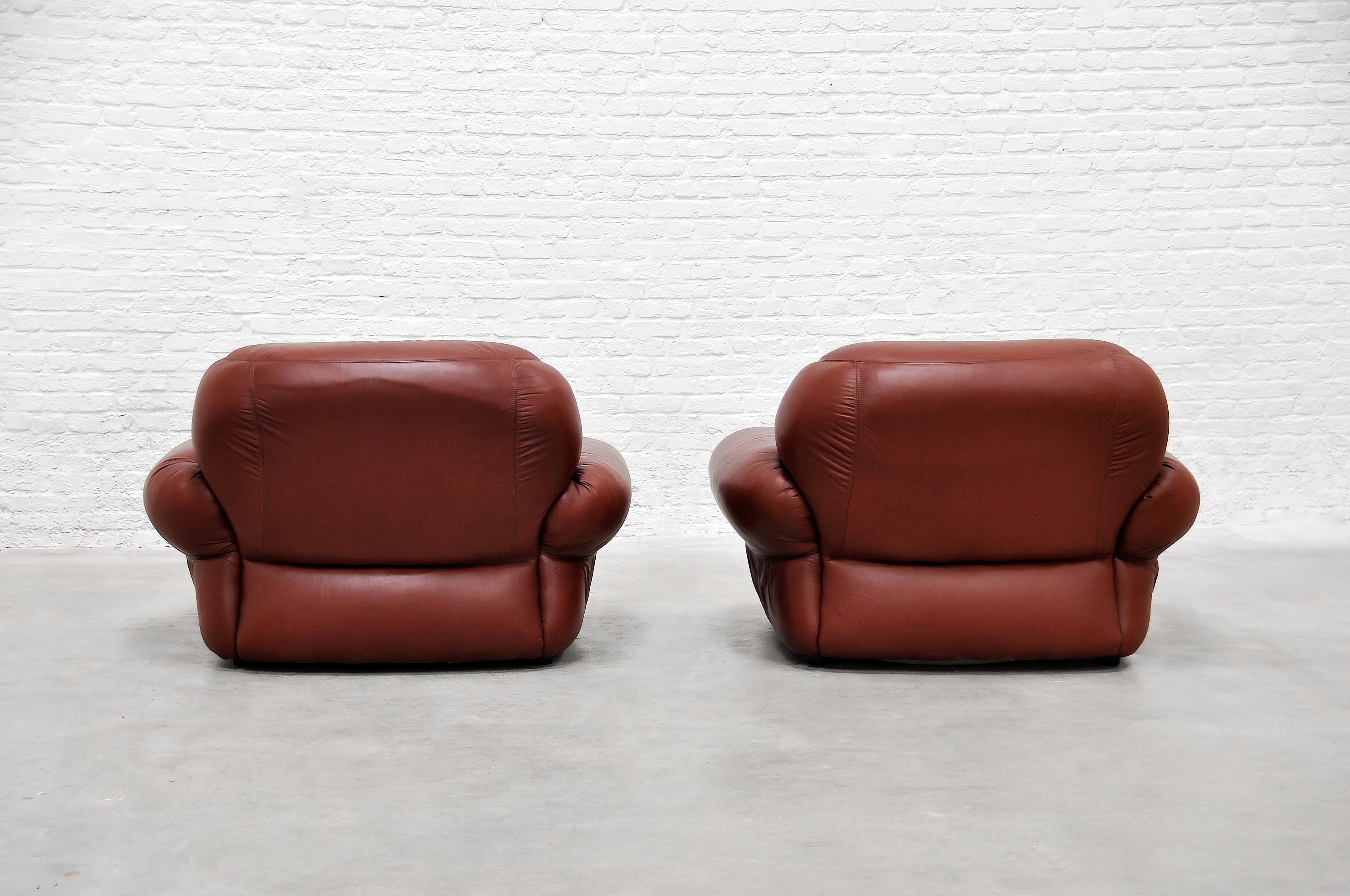 Italian Lounge Chairs with Ottomans in Cognac Leather, 1970s 3