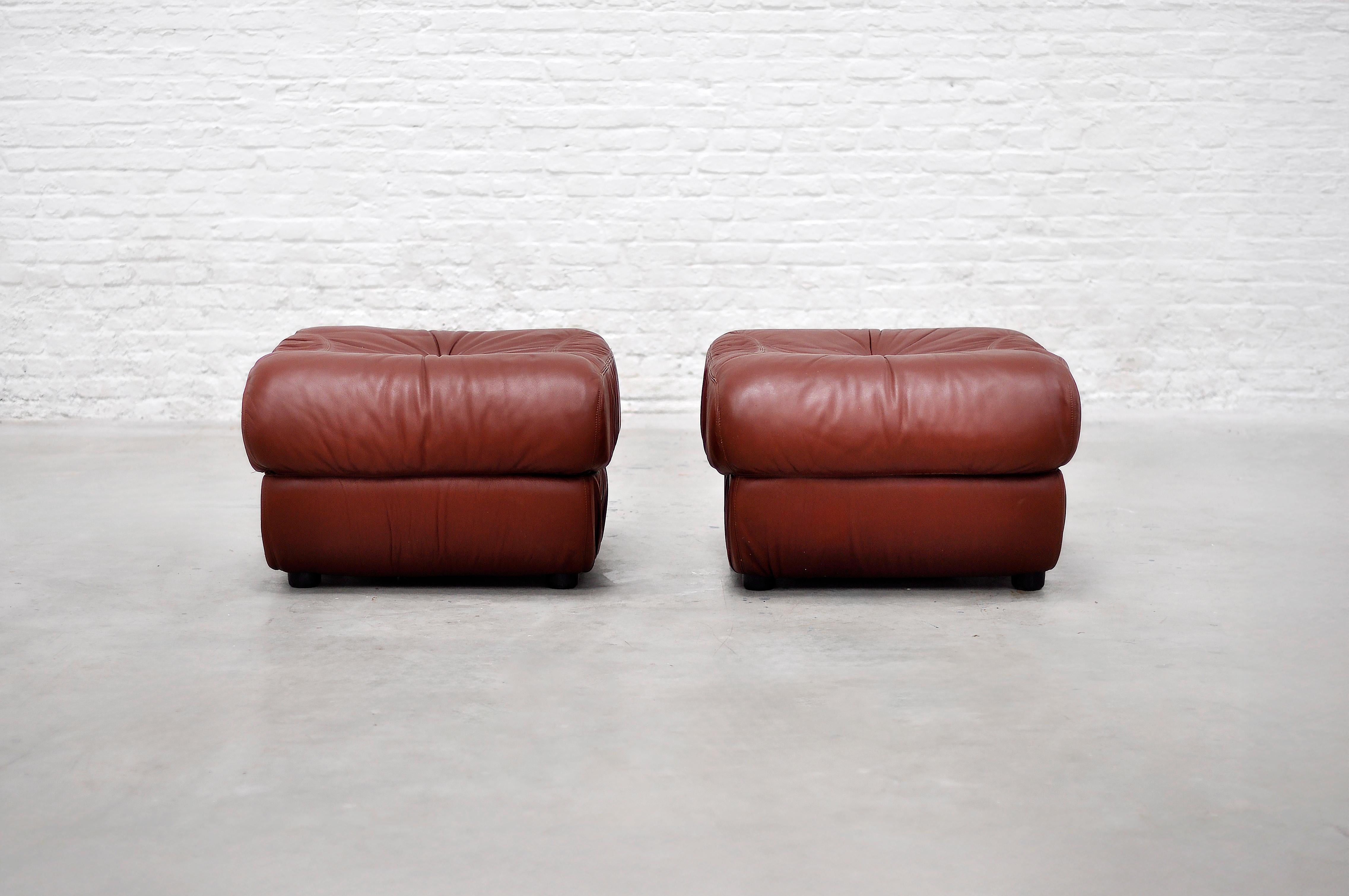 Italian Lounge Chairs with Ottomans in Cognac Leather, 1970s 4