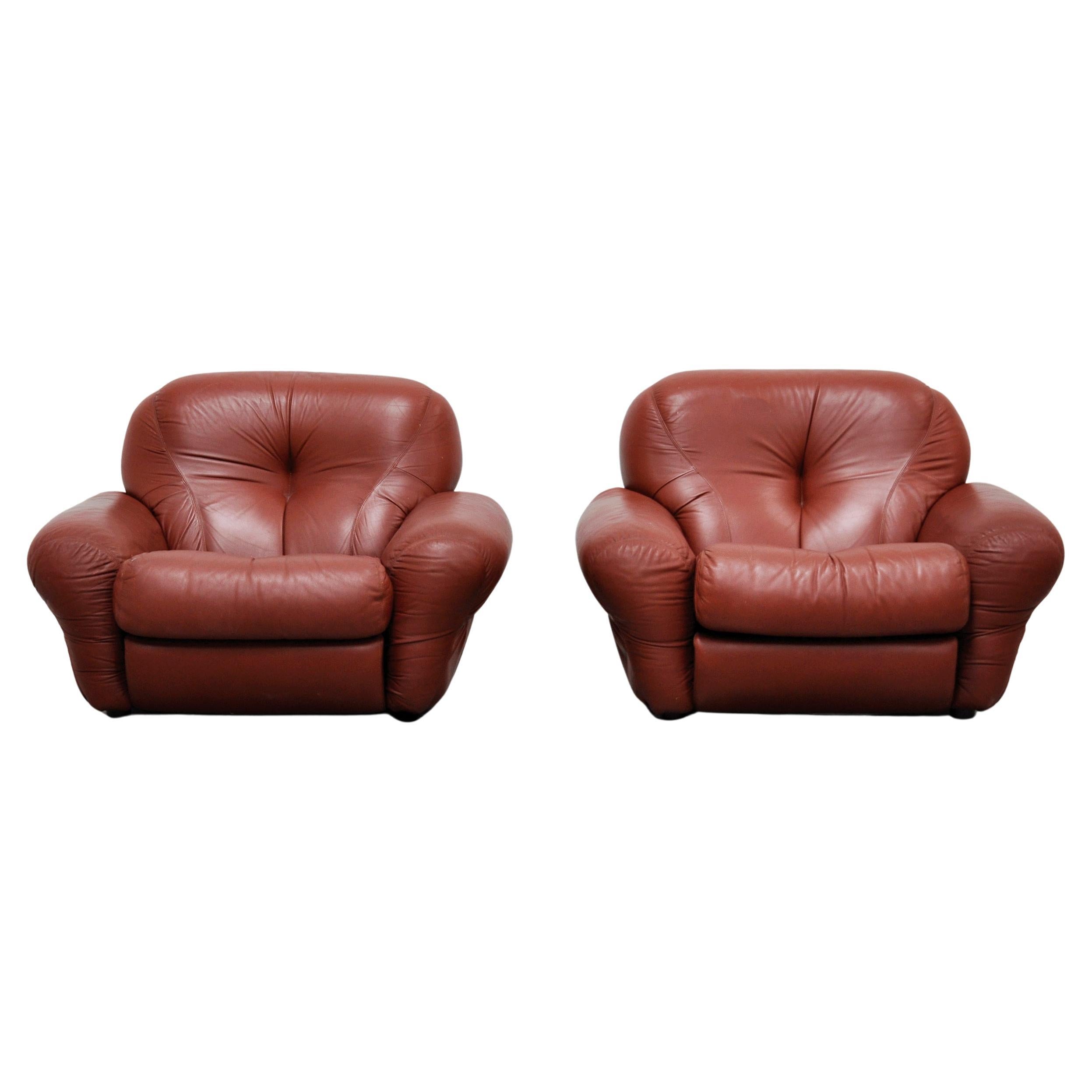 Italian Lounge Chairs with Ottomans in Cognac Leather, 1970s