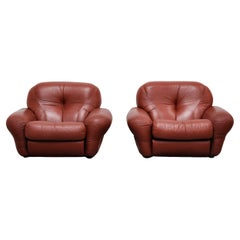 Italian Lounge Chairs with Ottomans in Cognac Leather, 1970s
