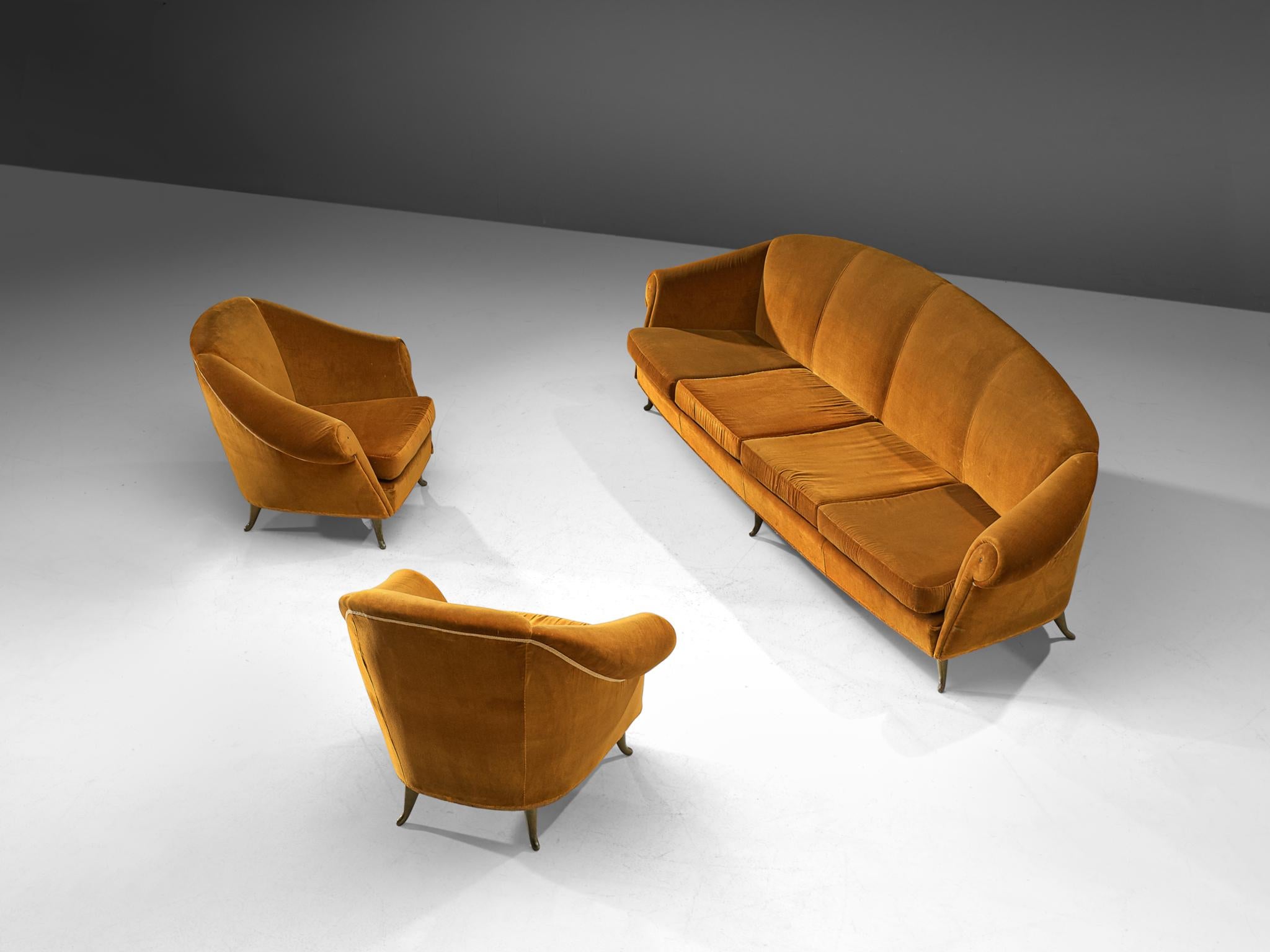 Mid-Century Modern Italian Lounge Set in Bronze Orange Velvet