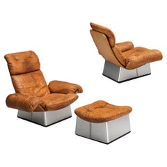 Italian Lounge Set with Chairs and Ottoman in Cognac Leather and Aluminum 