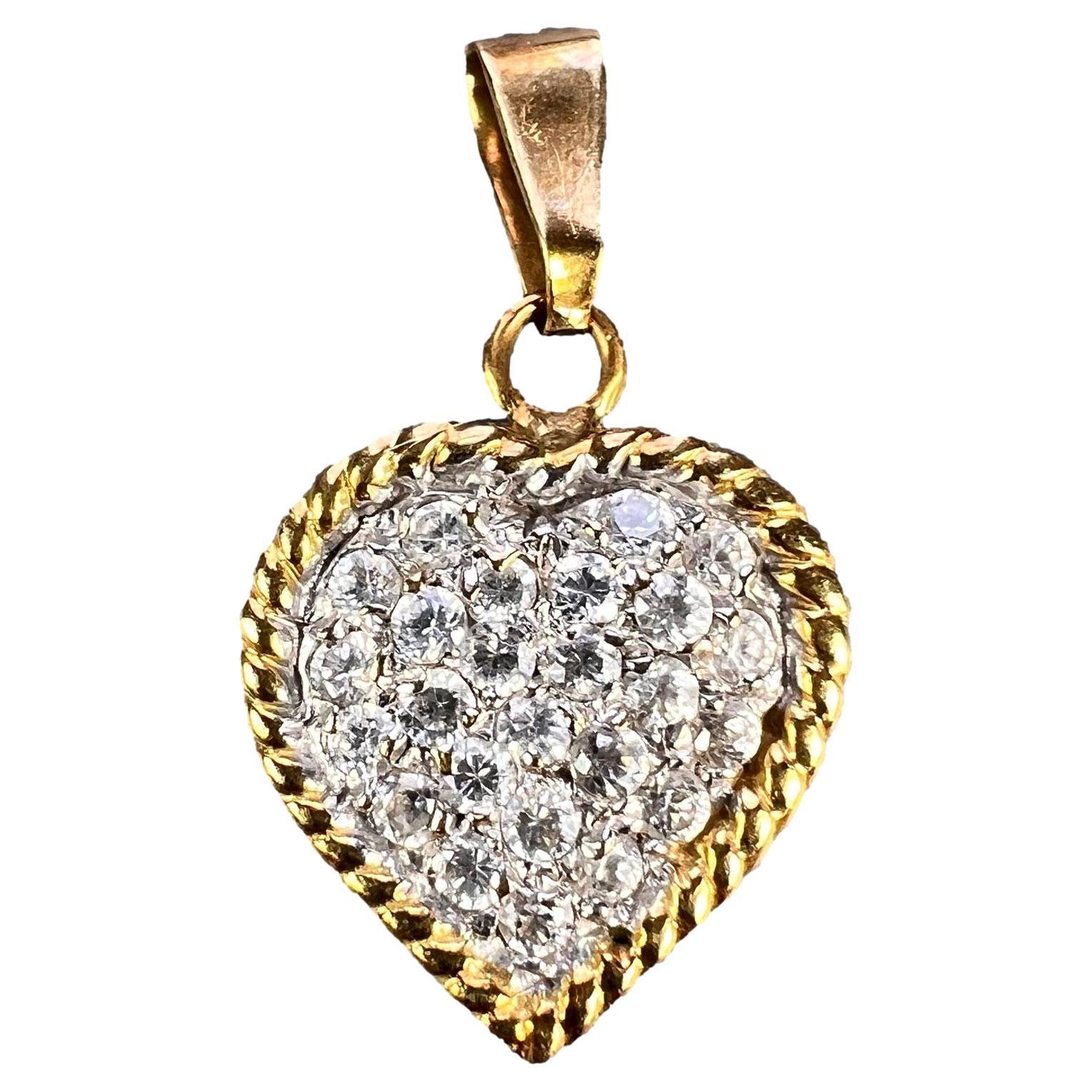 Pendentif breloque italien en forme de cœur en or jaune et blanc 18 carats avec diamants 