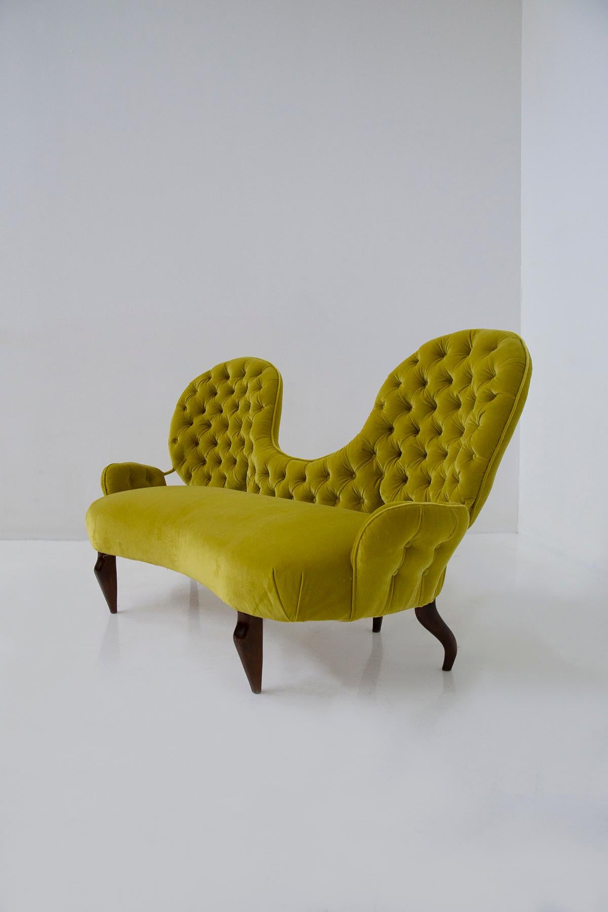 Velvet Italian Loveseat sofa by Renzo Zavanella in yellow velvet For Sale