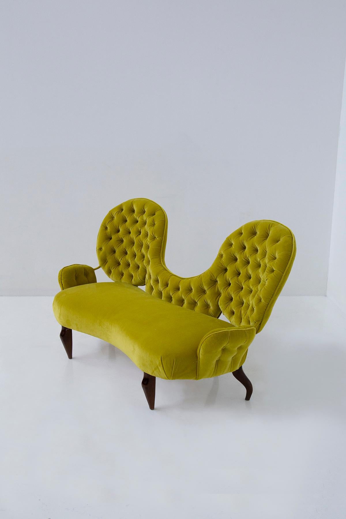 Velvet Italian Loveseat sofa by Renzo Zavanella in yellow velvet For Sale