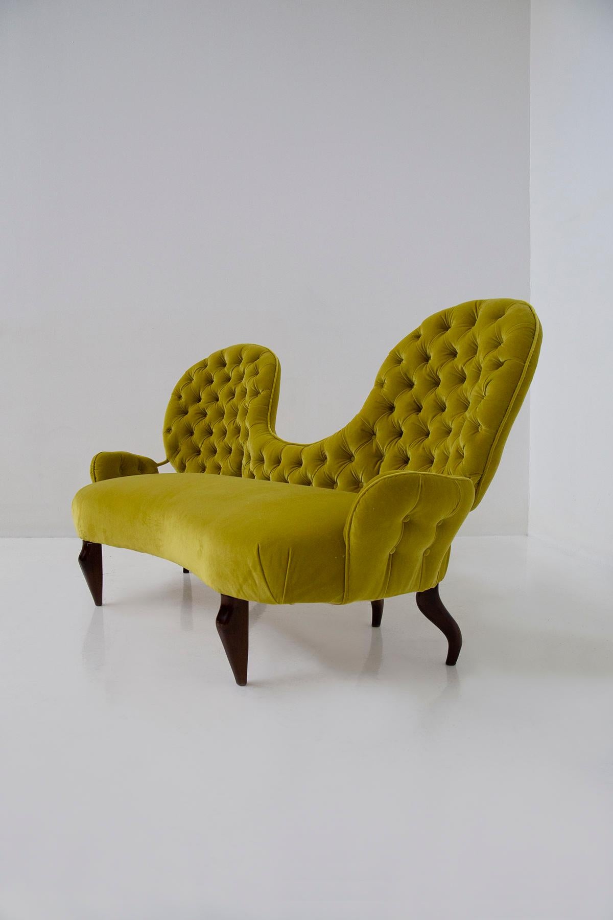 Italian Loveseat sofa by Renzo Zavanella in yellow velvet For Sale 1