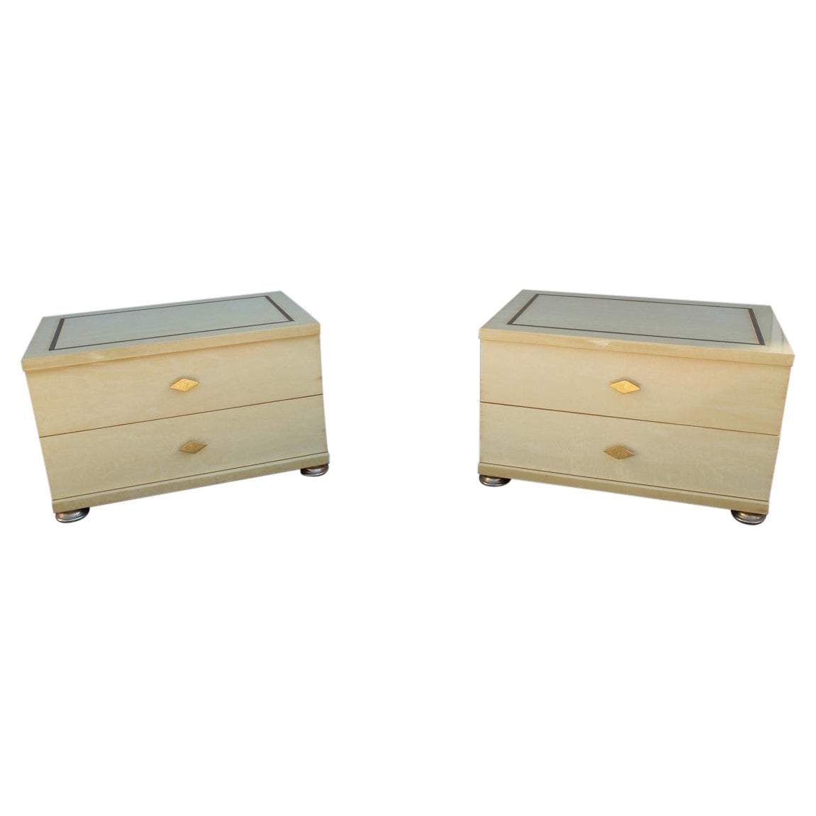 Italian Low Night Stand Tables in Maple and Brass 1970s Tommaso Barbi Design