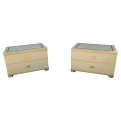 Italian Low Night Stand Tables in Maple and Brass 1970s Tommaso Barbi Design