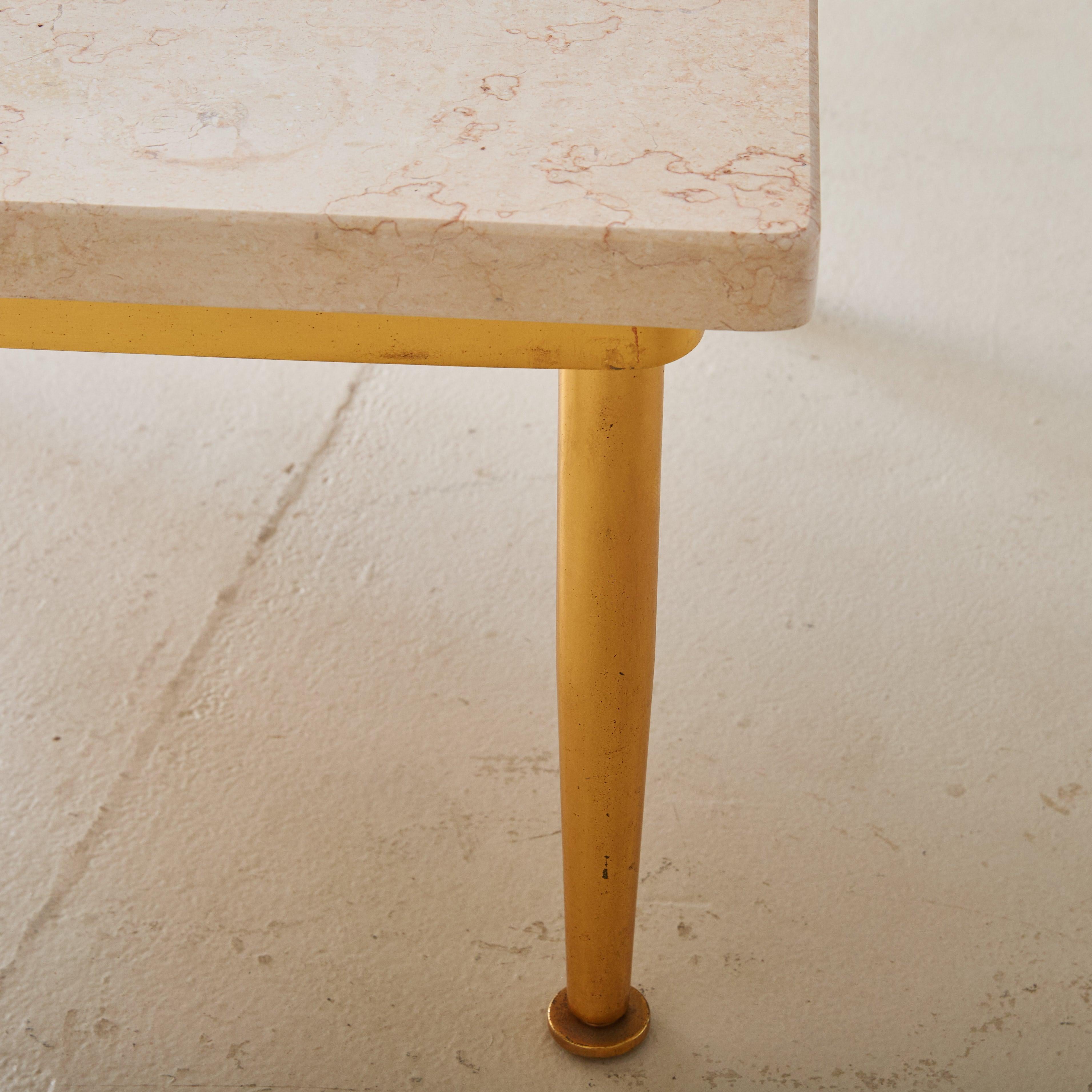 Italian Low Square Side Table with Peach Marble Top + Brass Base, 1950s For Sale 5