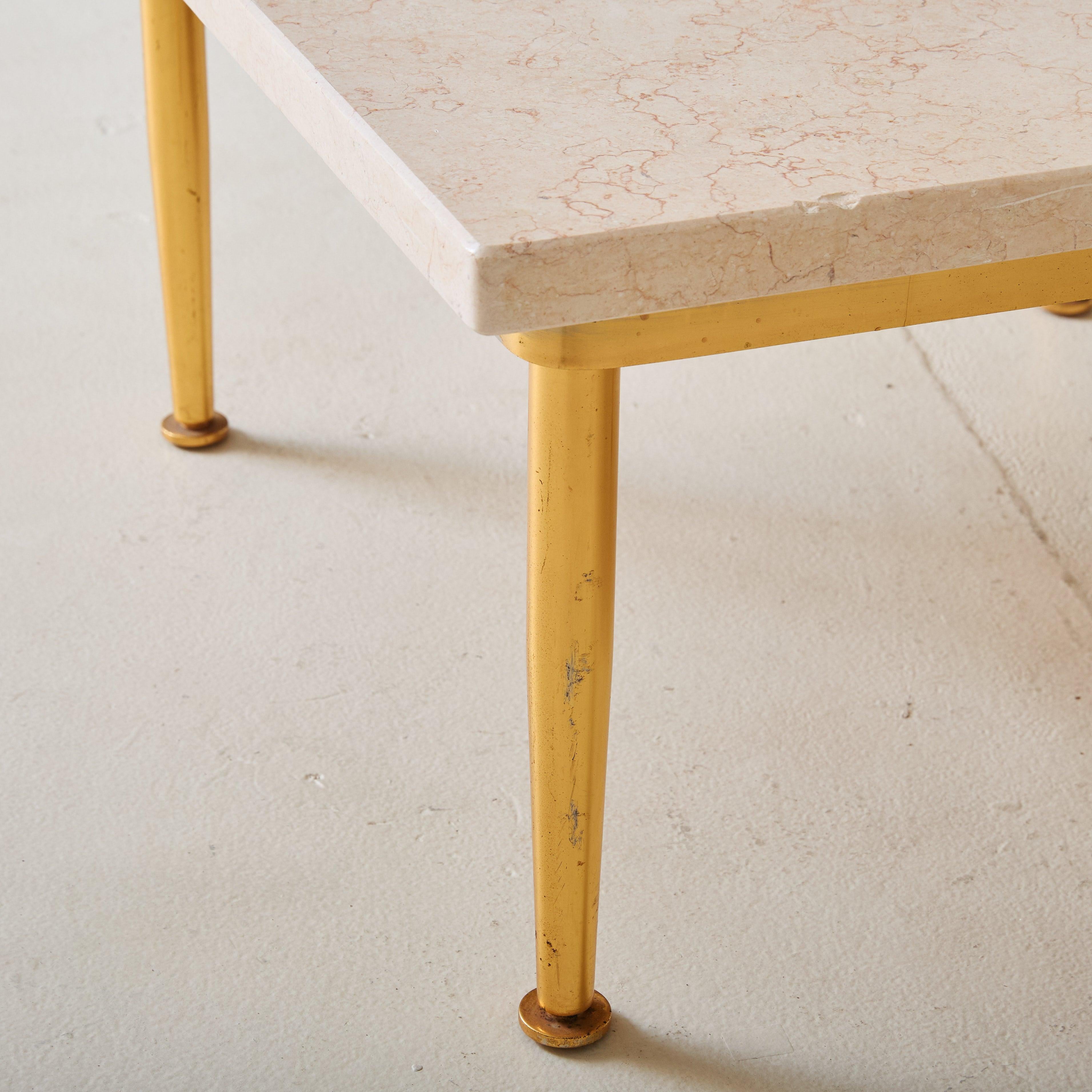 Italian Low Square Side Table with Peach Marble Top + Brass Base, 1950s For Sale 6