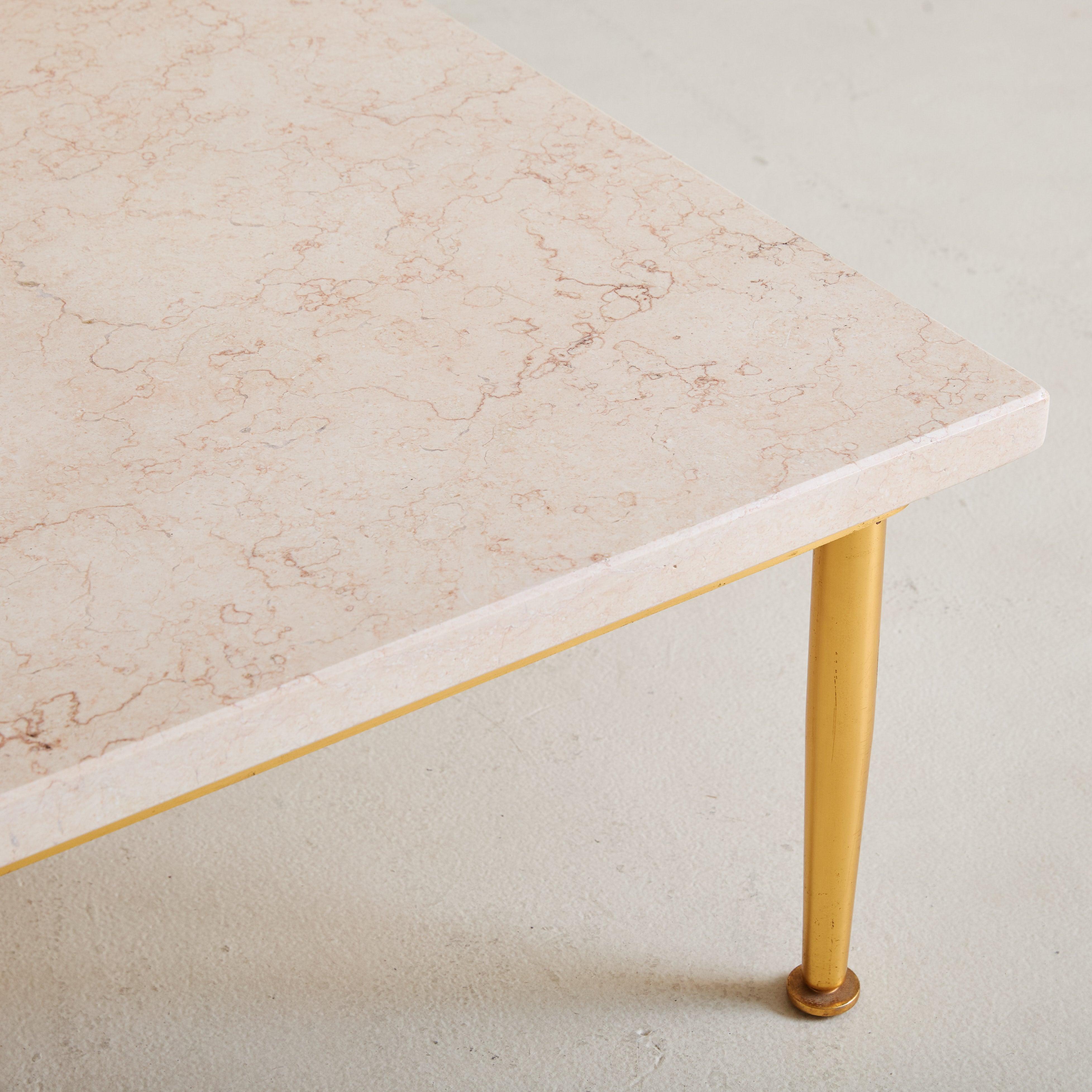 Mid-Century Modern Italian Low Square Side Table with Peach Marble Top + Brass Base, 1950s For Sale