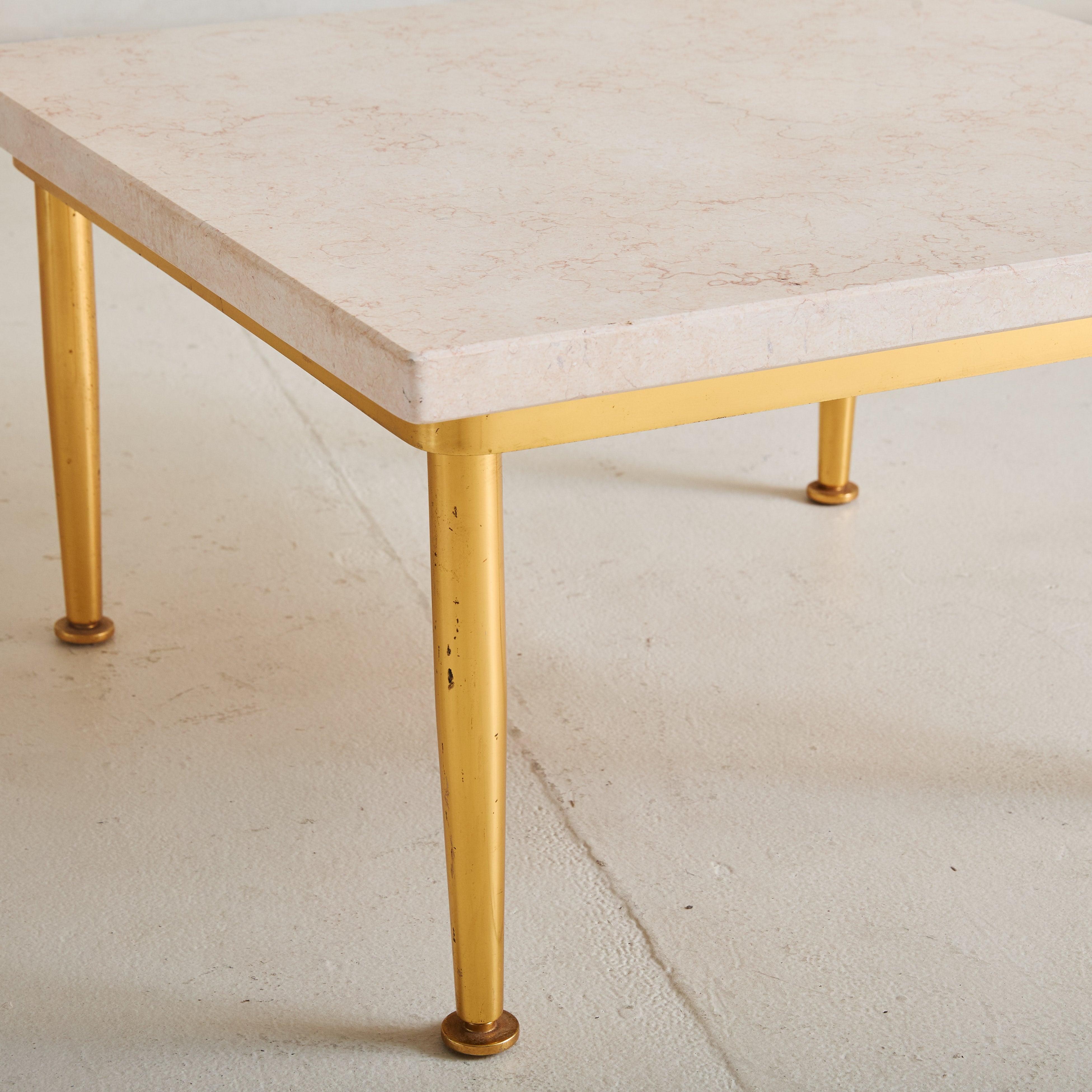 Italian Low Square Side Table with Peach Marble Top + Brass Base, 1950s In Good Condition For Sale In Chicago, IL
