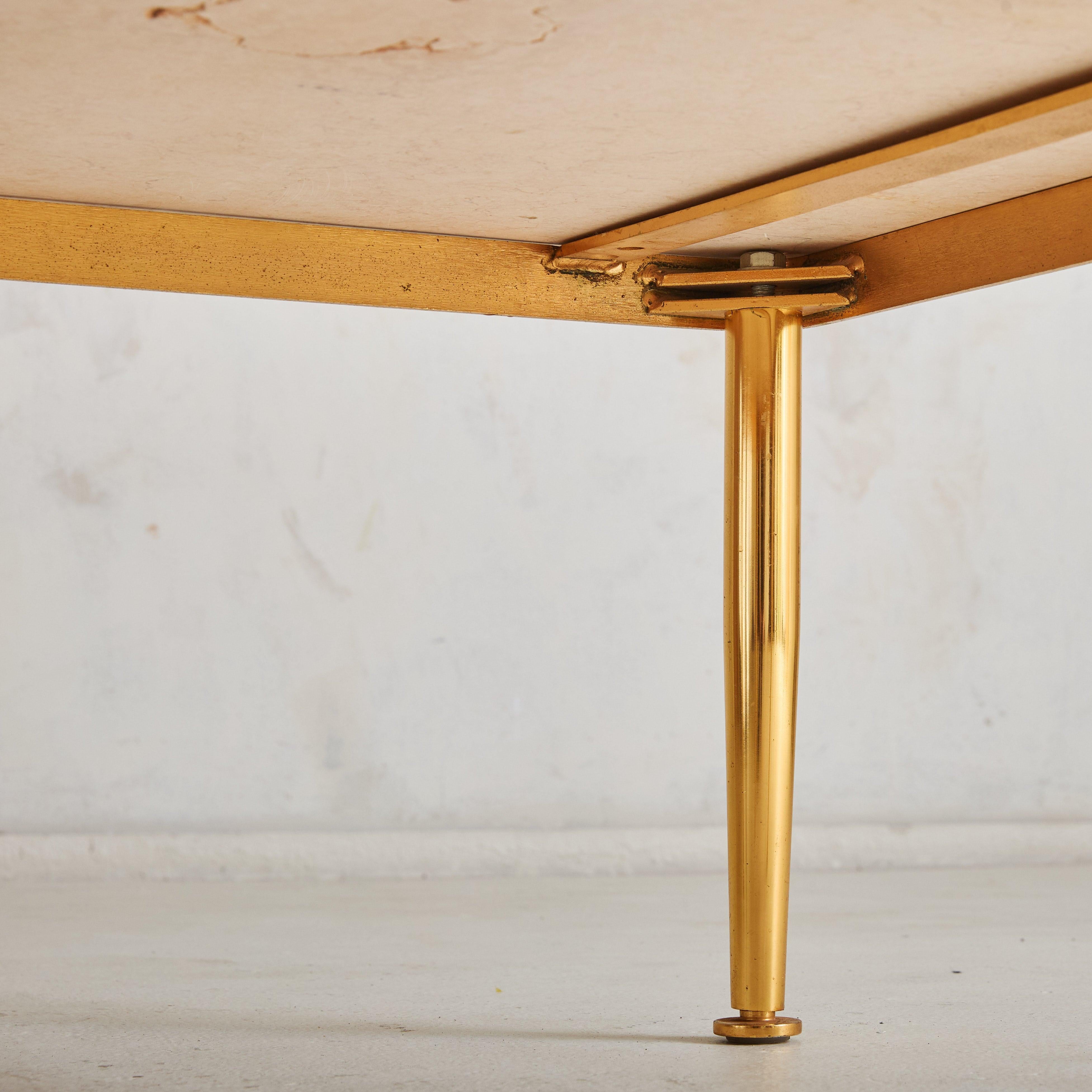 Mid-20th Century Italian Low Square Side Table with Peach Marble Top + Brass Base, 1950s For Sale