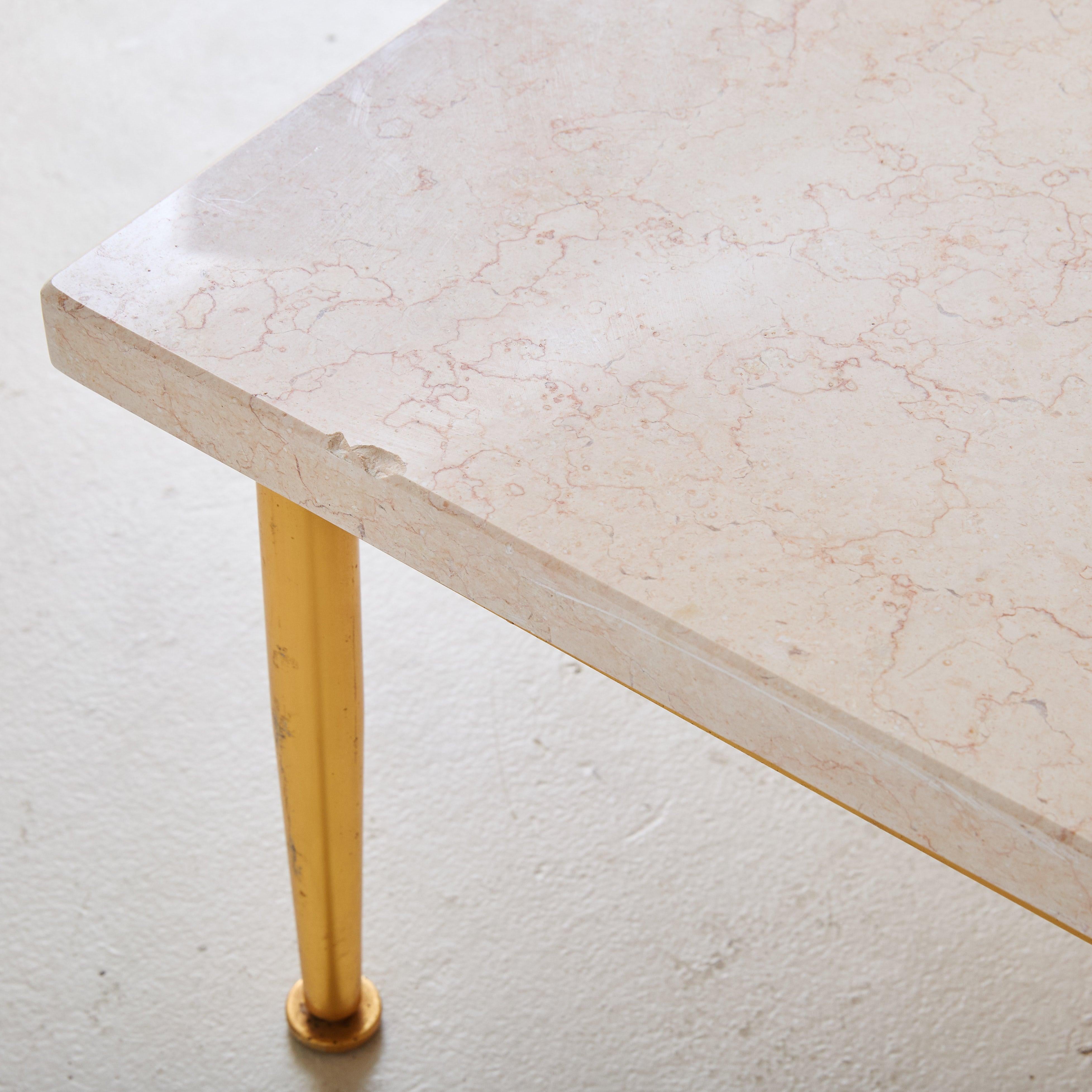 Italian Low Square Side Table with Peach Marble Top + Brass Base, 1950s For Sale 2