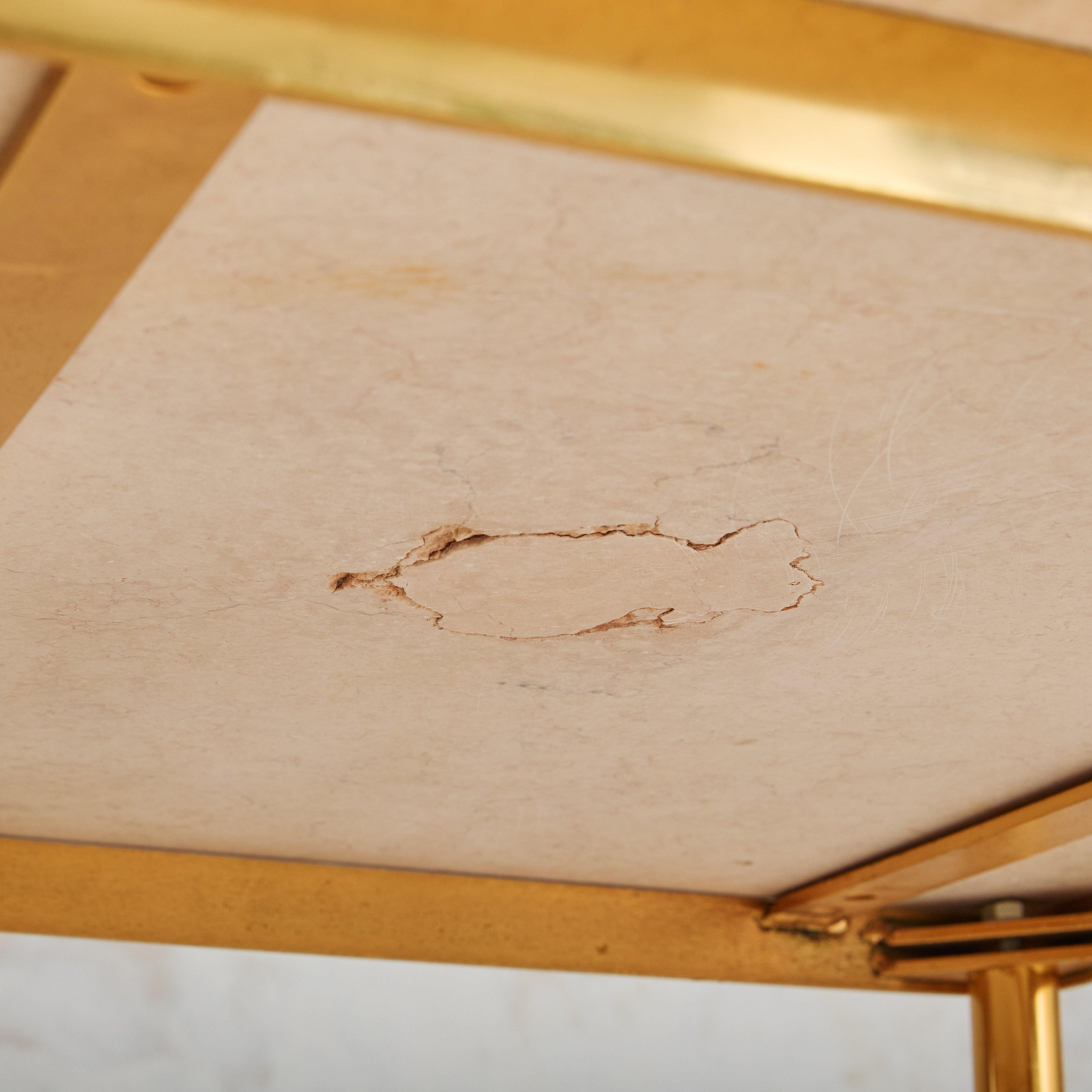Italian Low Square Side Table with Peach Marble Top + Brass Base, 1950s For Sale 4