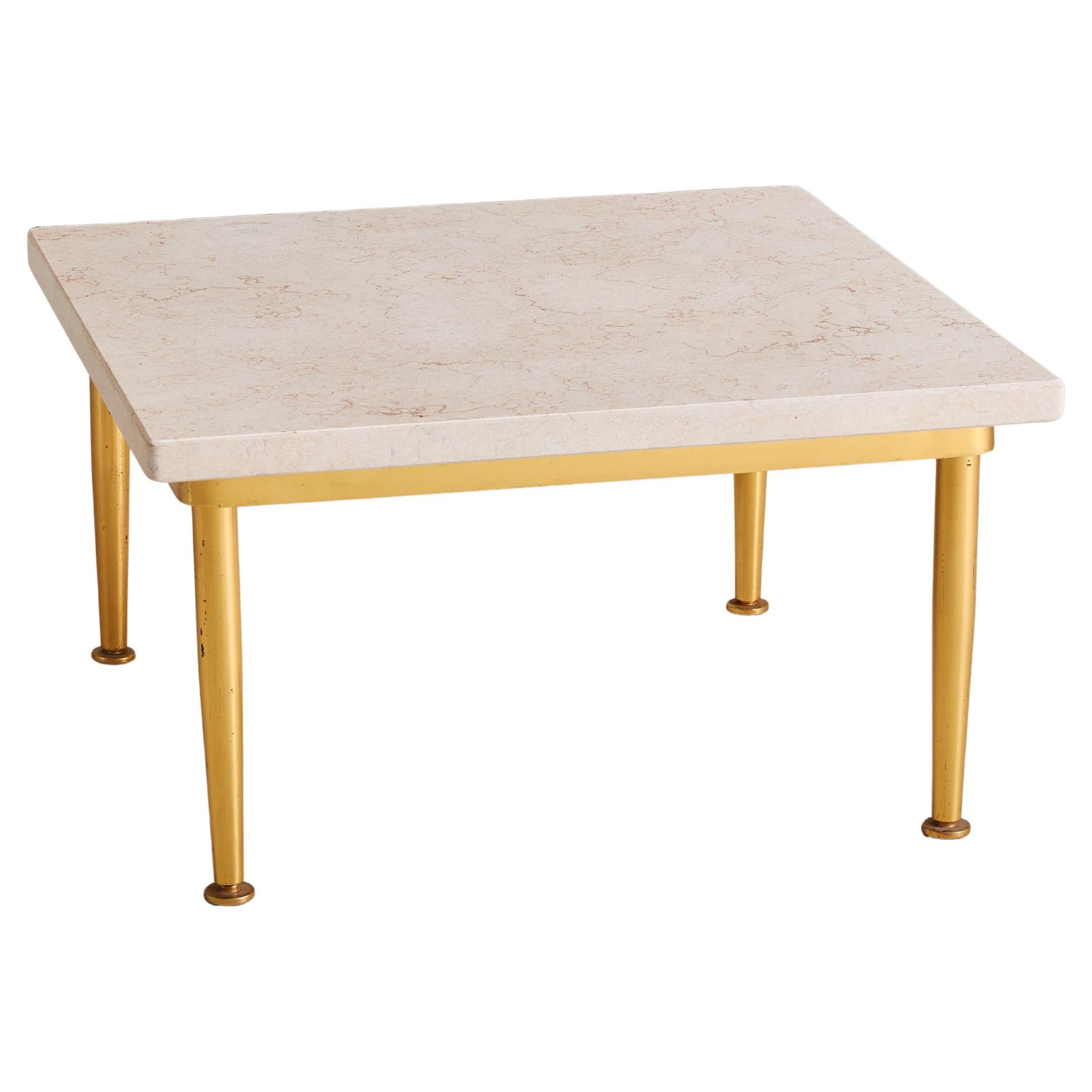 Italian Low Square Side Table with Peach Marble Top + Brass Base, 1950s