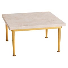 Italian Low Square Side Table with Peach Marble Top + Brass Base, 1950s