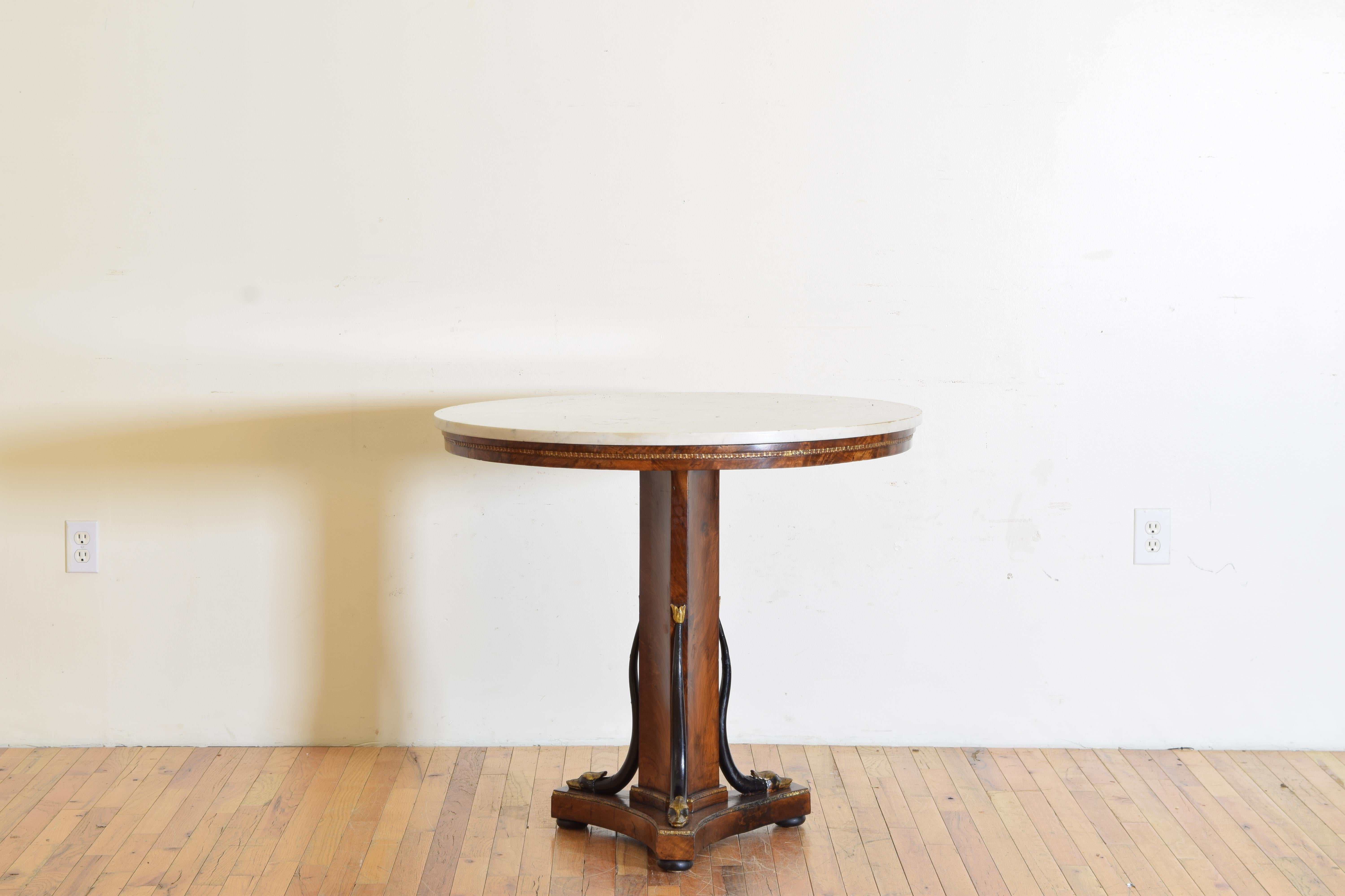 Italian, Lucca, empire center table, walnut & giltwood & ebonized, marble top.