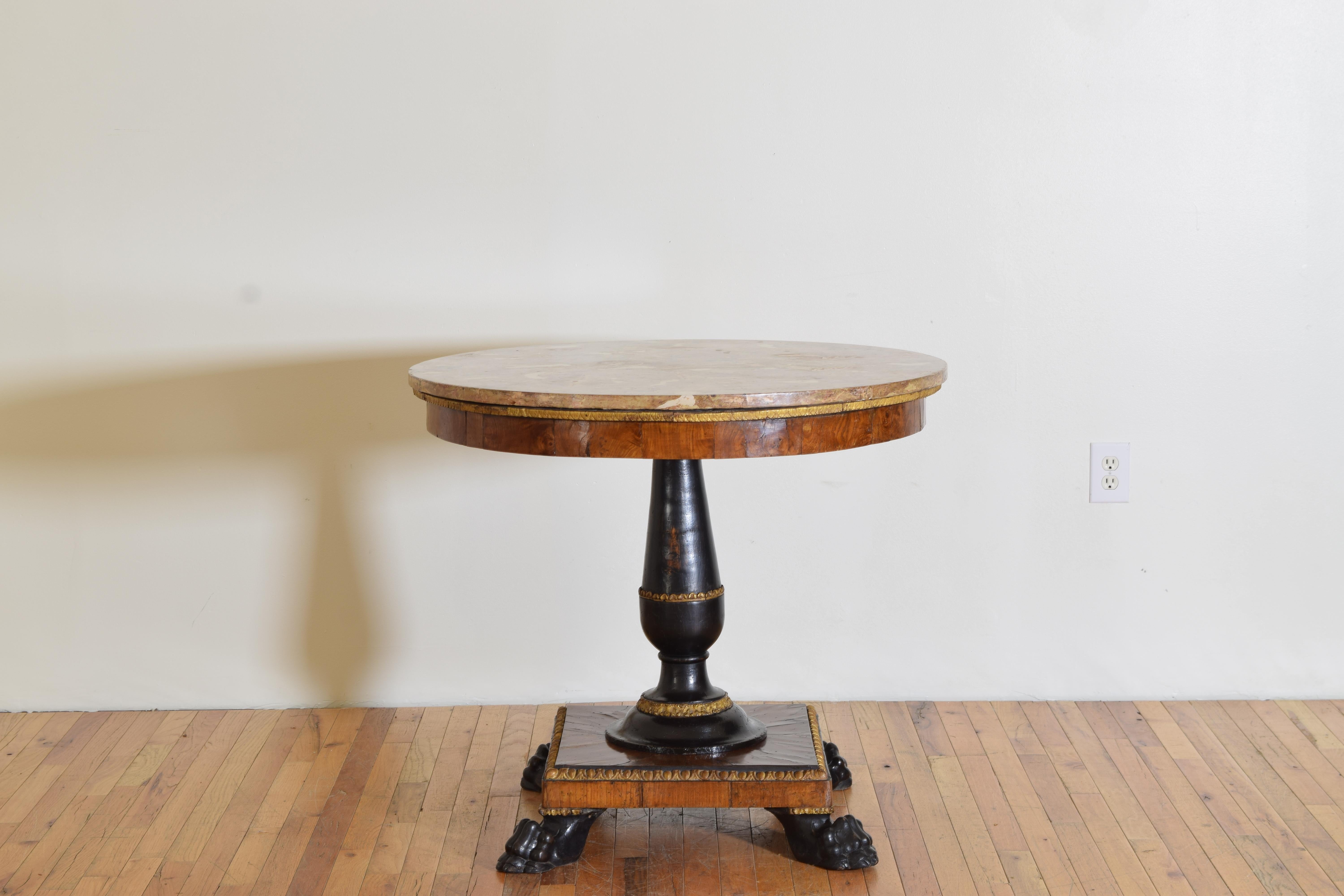 Italian, Lucca Empire Walnut Giltwood Ebonized 1-Drawer Center Table circa 1800 In Good Condition For Sale In Atlanta, GA