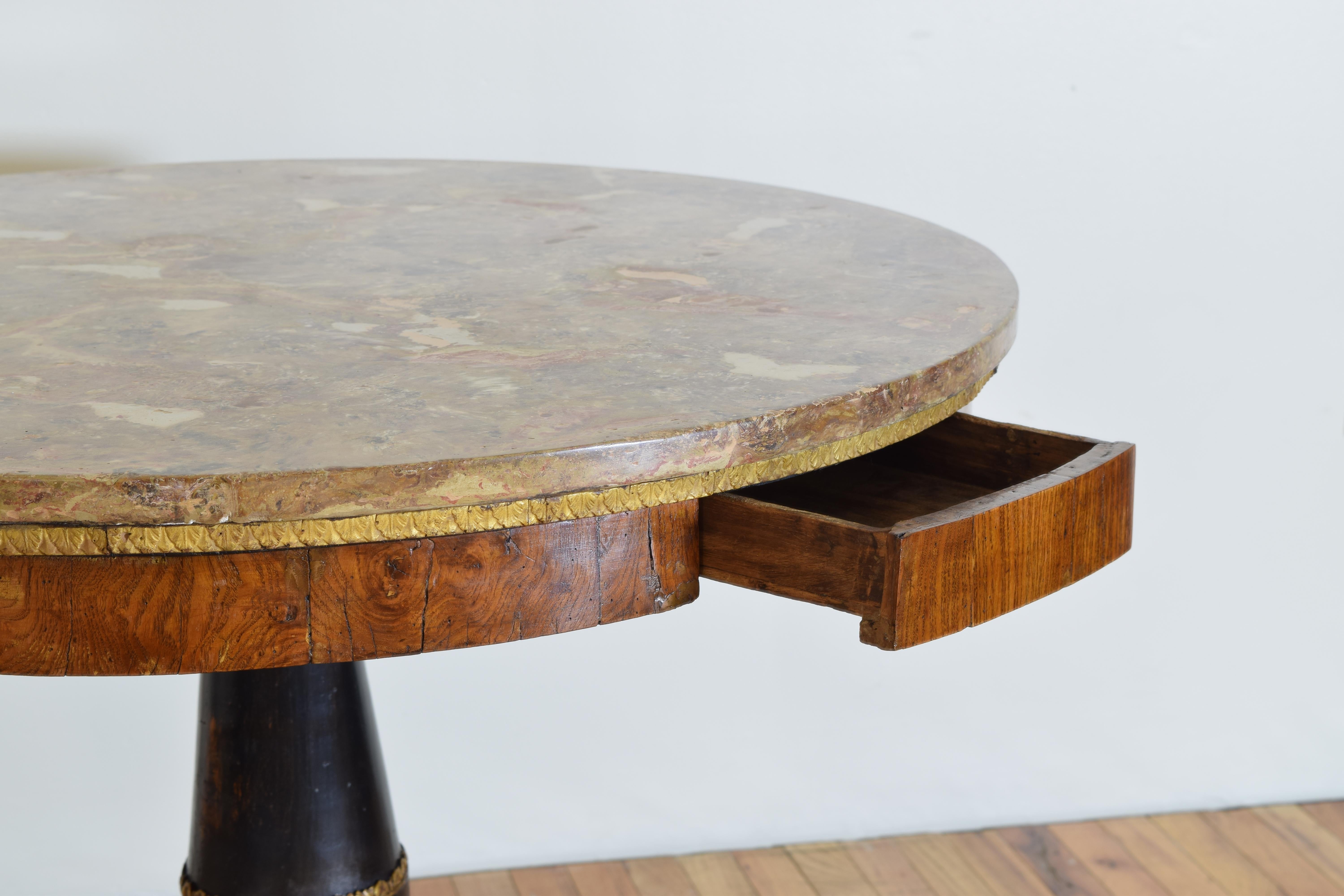 19th Century Italian, Lucca Empire Walnut Giltwood Ebonized 1-Drawer Center Table circa 1800 For Sale