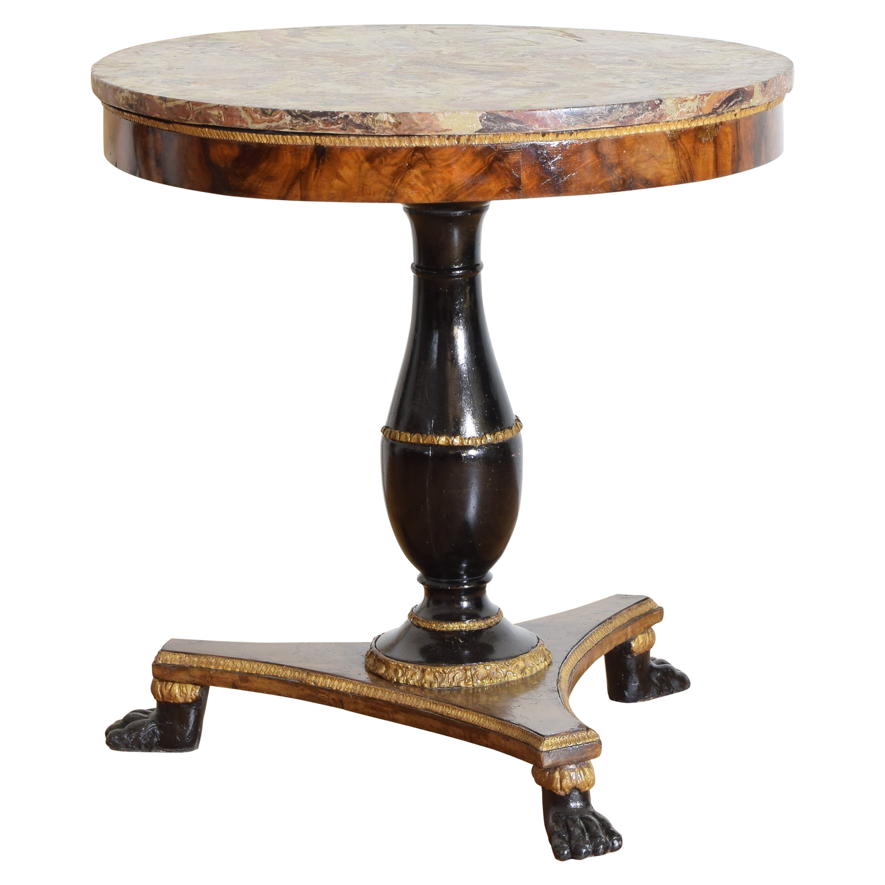 Italian, Lucca, Empire Walnut, Giltwood, Ebonized Center Table, circa 1800