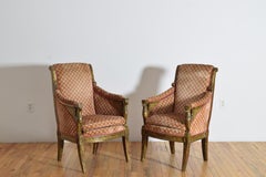 Italian, Lucchese, Empire Period Pair Giltwood & Upholstered Bergeres, ca. 1815