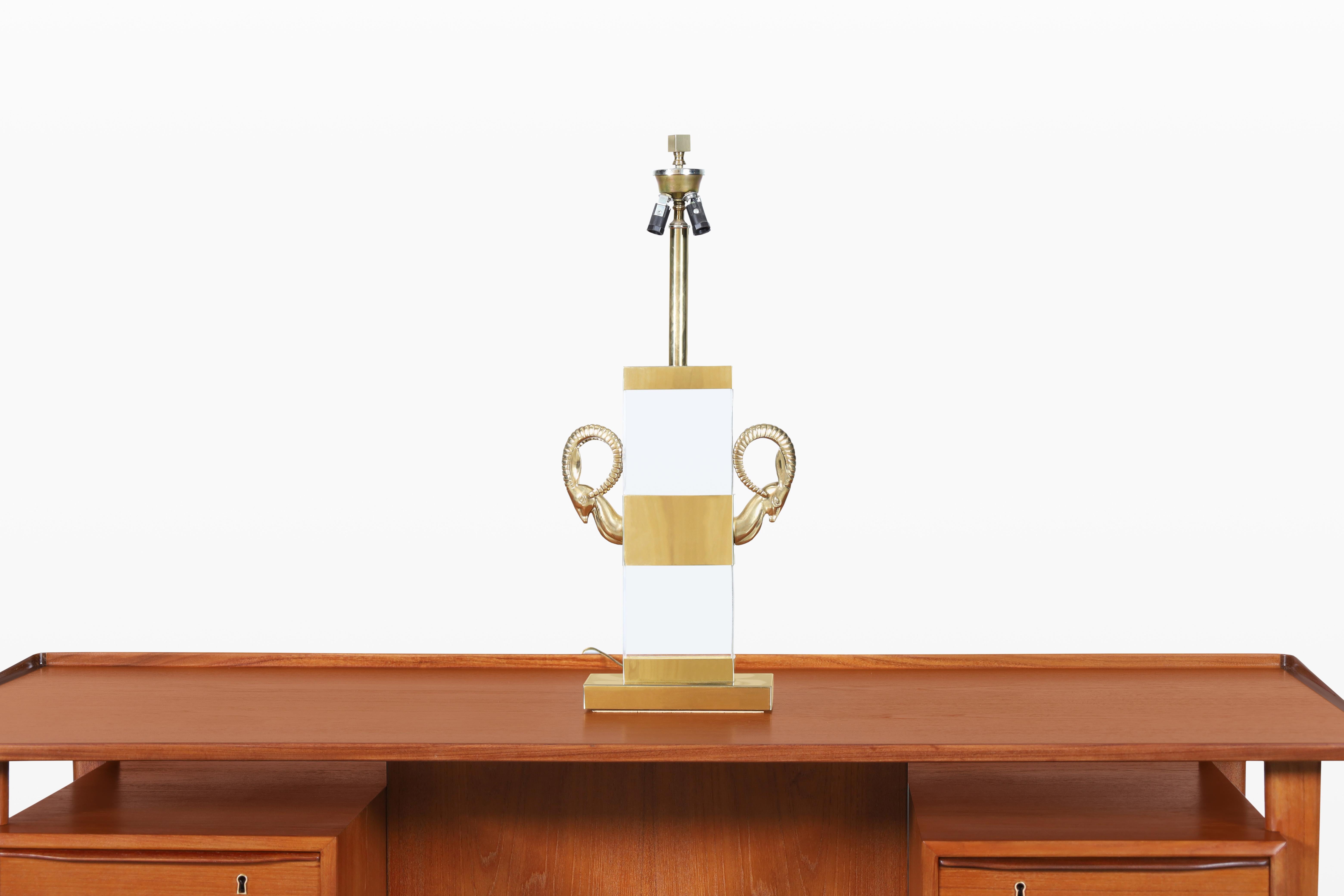 Italian Lucite and Brass Ram’s Head Table Lamps In Good Condition For Sale In North Hollywood, CA