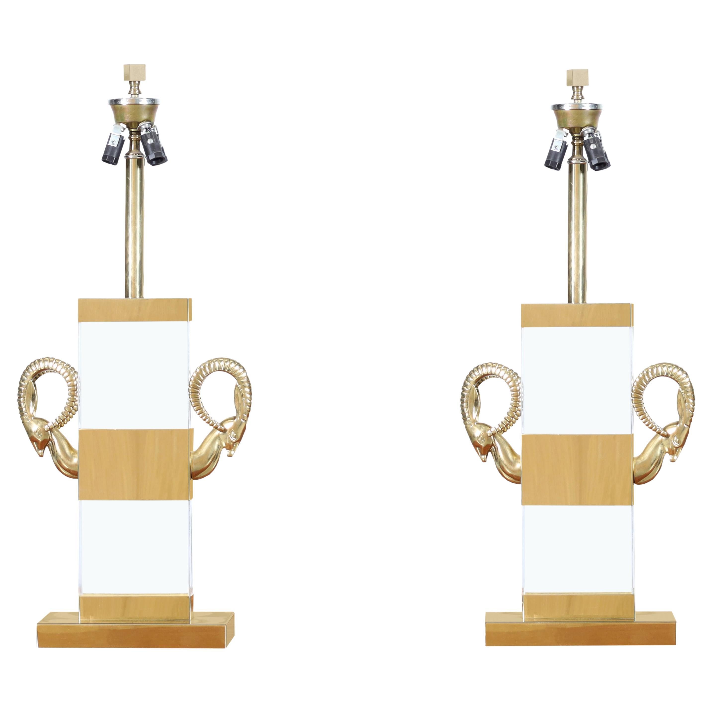 Italian Lucite and Brass Ram’s Head Table Lamps For Sale