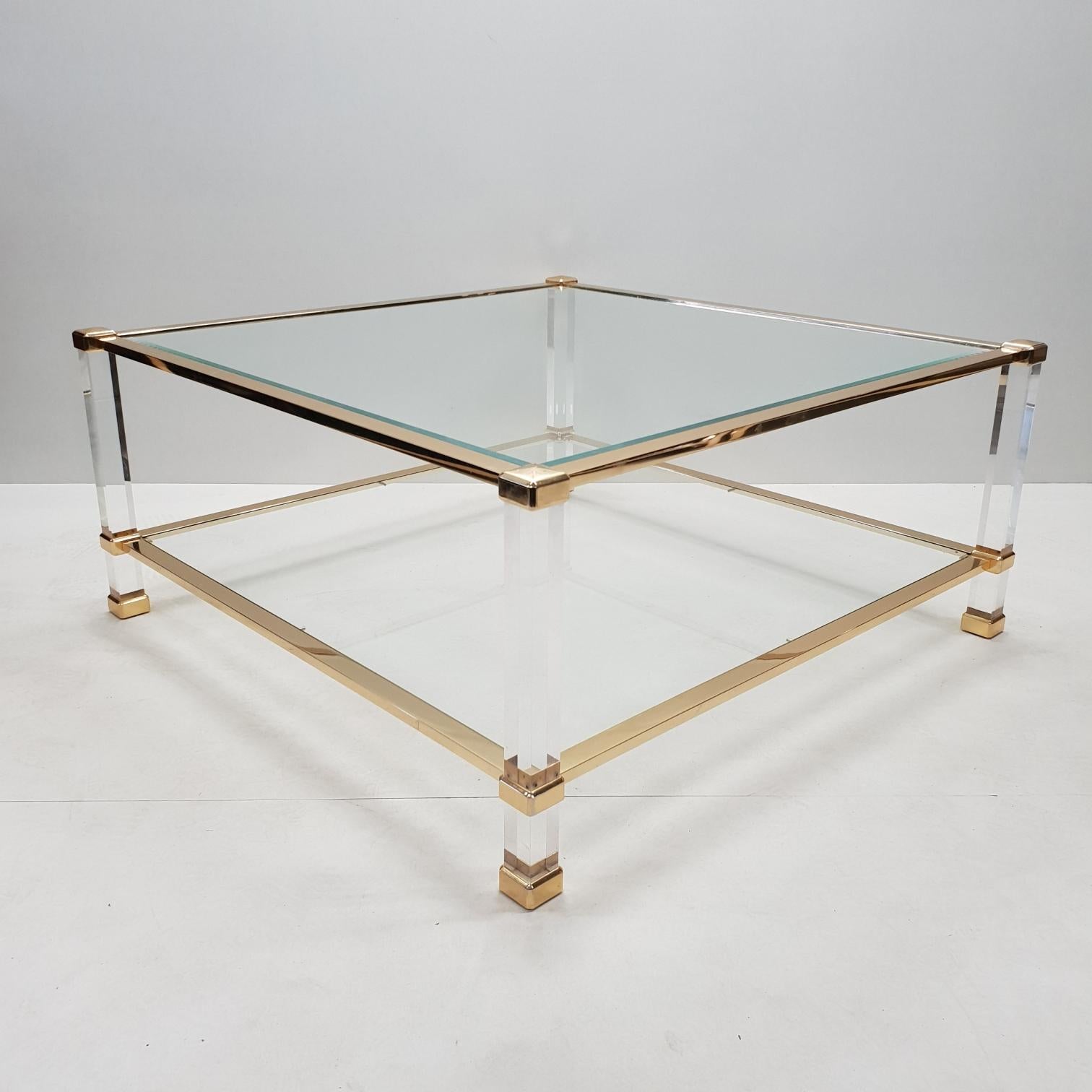 Hollywood Regency Italian Lucite and Brass Square Coffee Table by Orsenigo, 1970s For Sale
