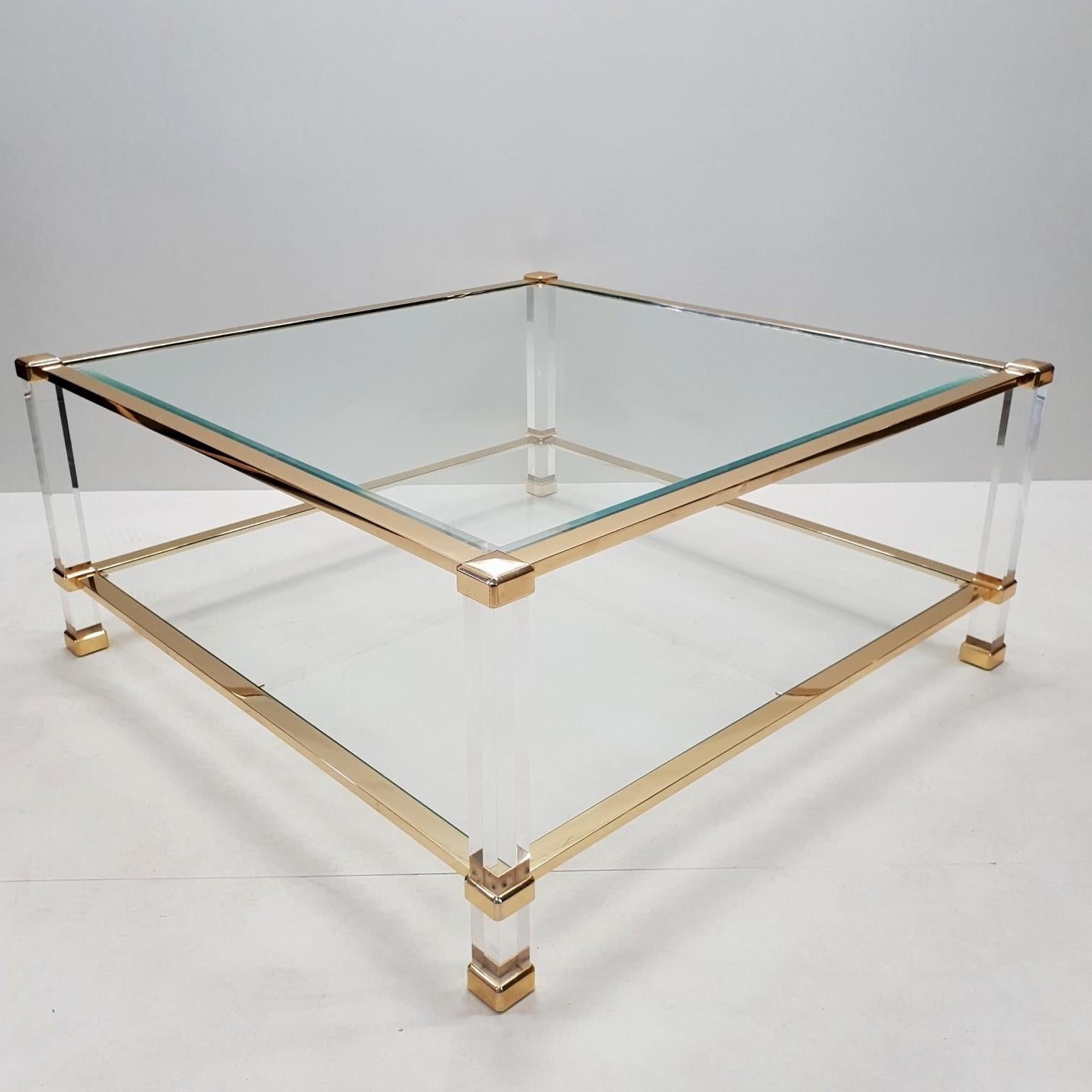 Metal Italian Lucite and Brass Square Coffee Table by Orsenigo, 1970s For Sale