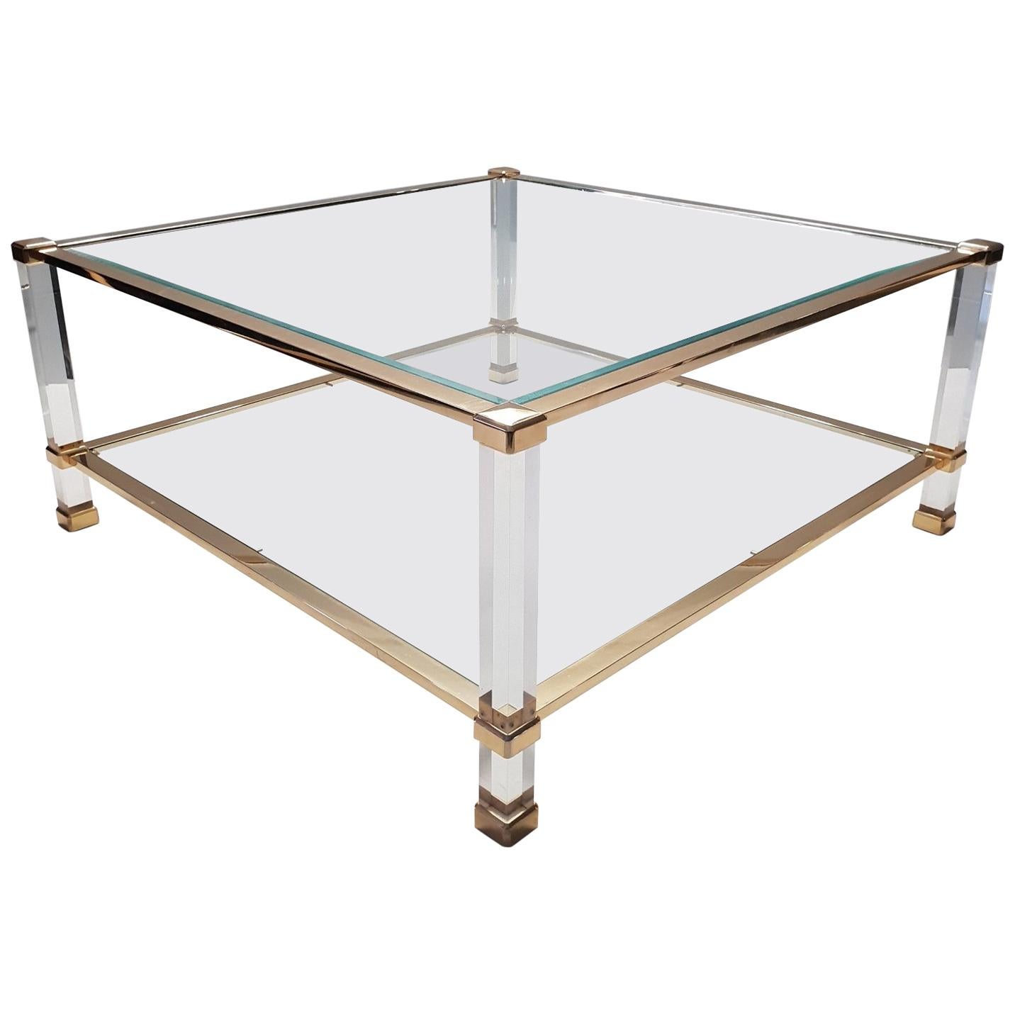 Italian Lucite and Brass Square Coffee Table by Orsenigo, 1970s For Sale