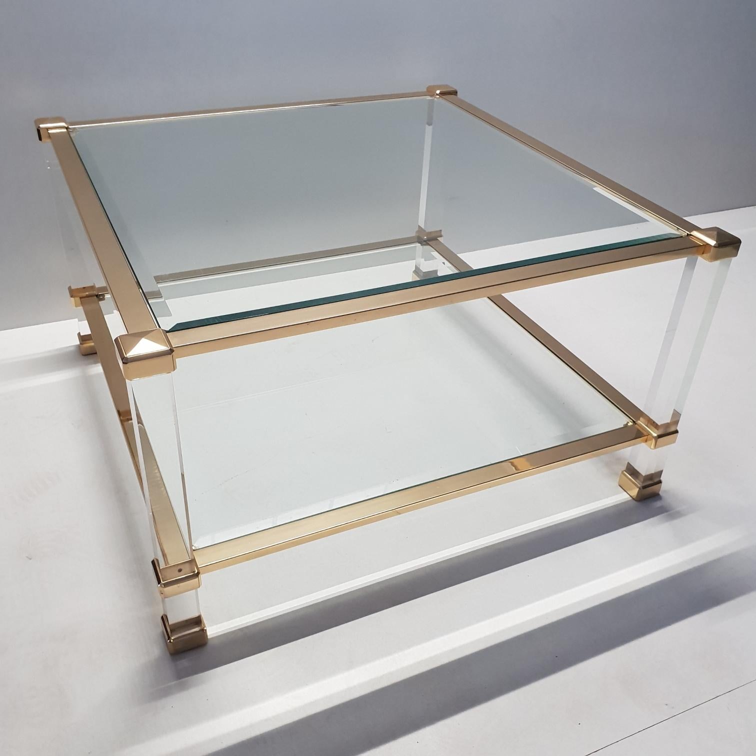 Hollywood Regency Italian Lucite and Brass Square Coffee Table by Orsenigo 'Marked', 1970s