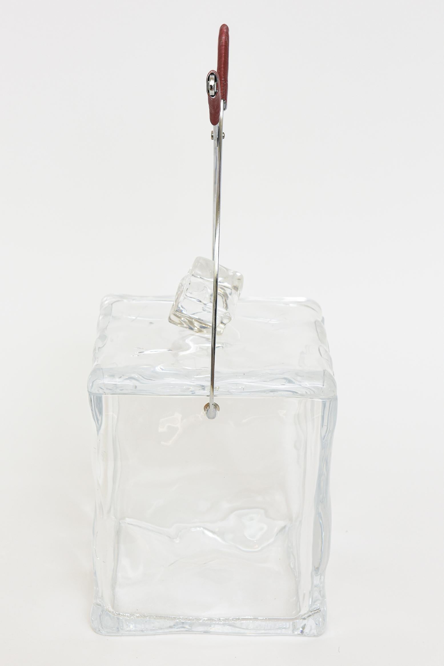 Modern Italian Lucite Chrome Twisted Tong Ice Bucket with Wrapped Red Wire Barware.