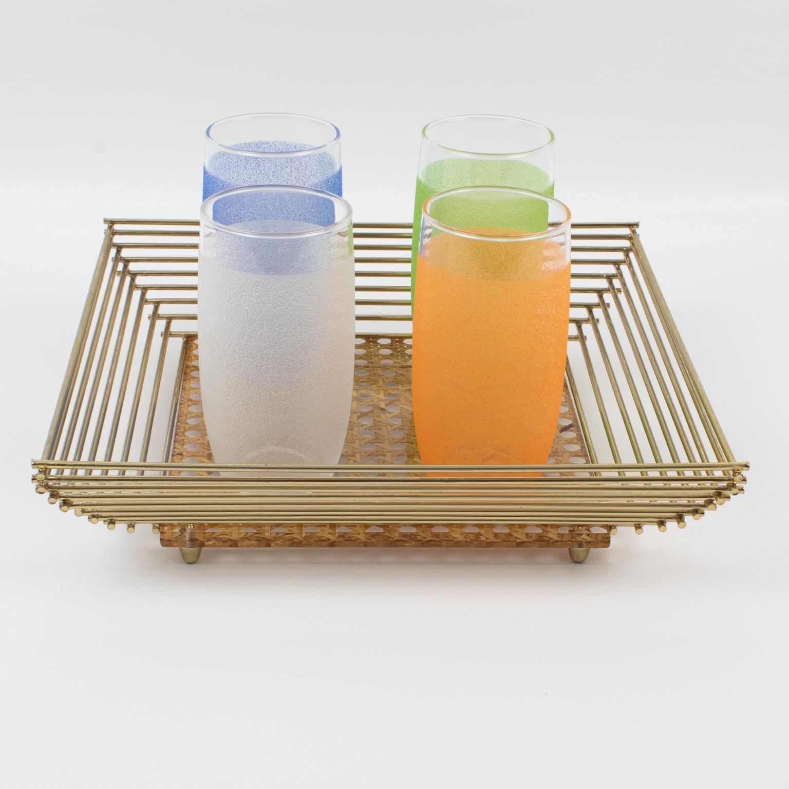 Moderno Italian Lucite, Rattan and Brass Barware Serving Tray, circa 1970 in vendita