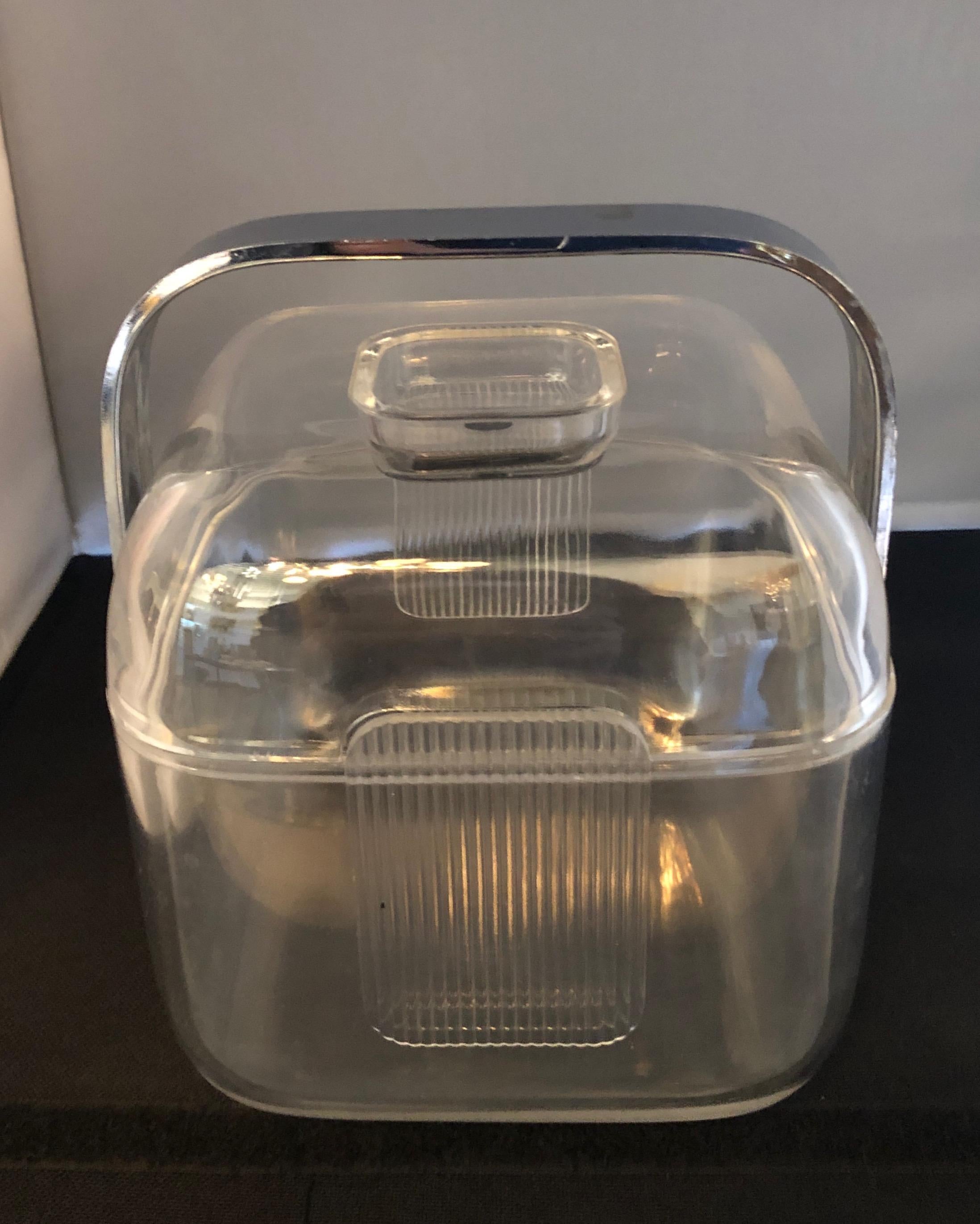Mid-Century Modern 3-Piece Ice Bucket with Lucite Lid, Shell and Lining and Chrome Plate Handle For Sale