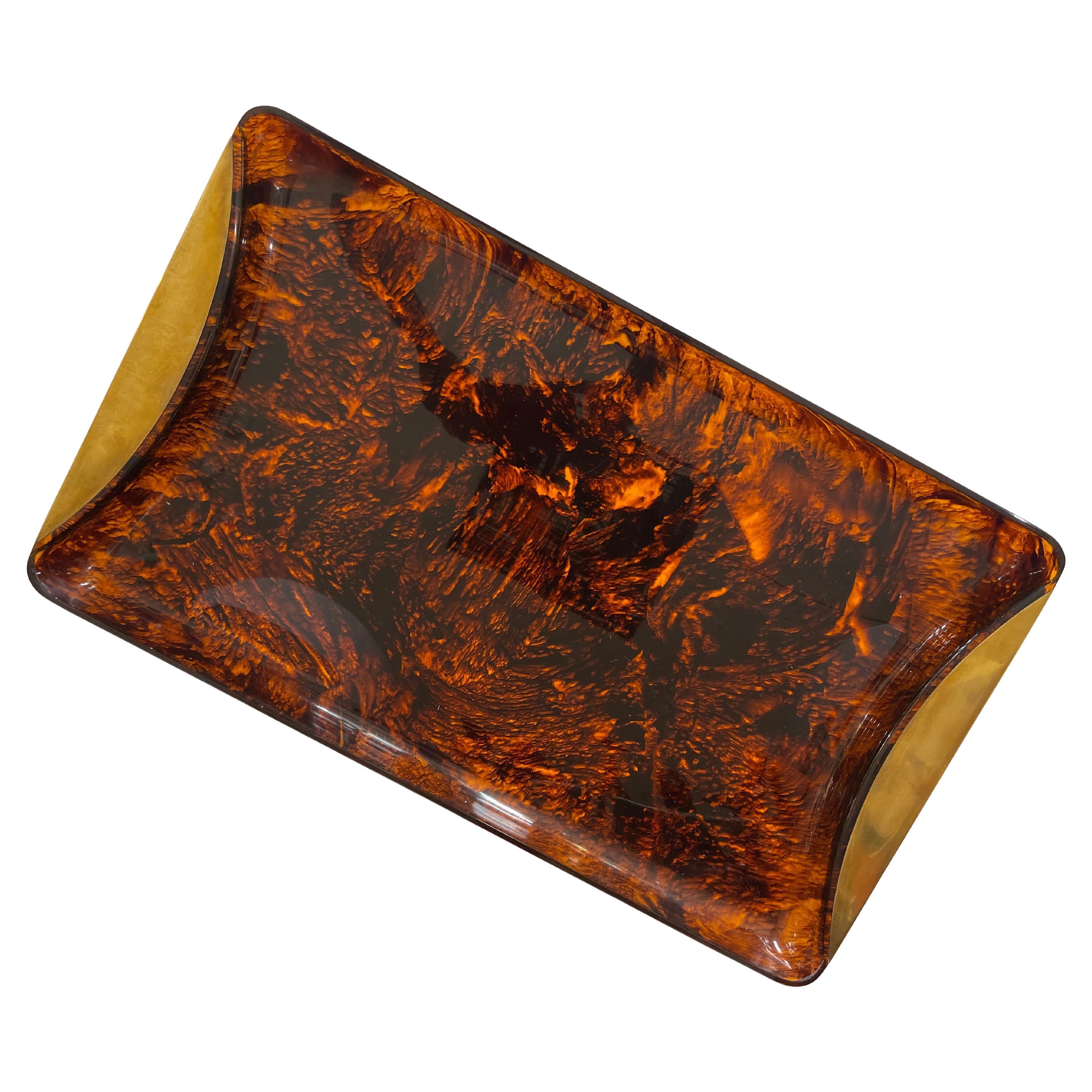 Italian Lucite Tortoiseshell & Brass Rim Serving Large Tray by Guzzini, 1970