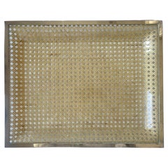 Italian  Lucite & Vienna Straw,  Brass Rim, Serving Tray Made for Ch.Dior