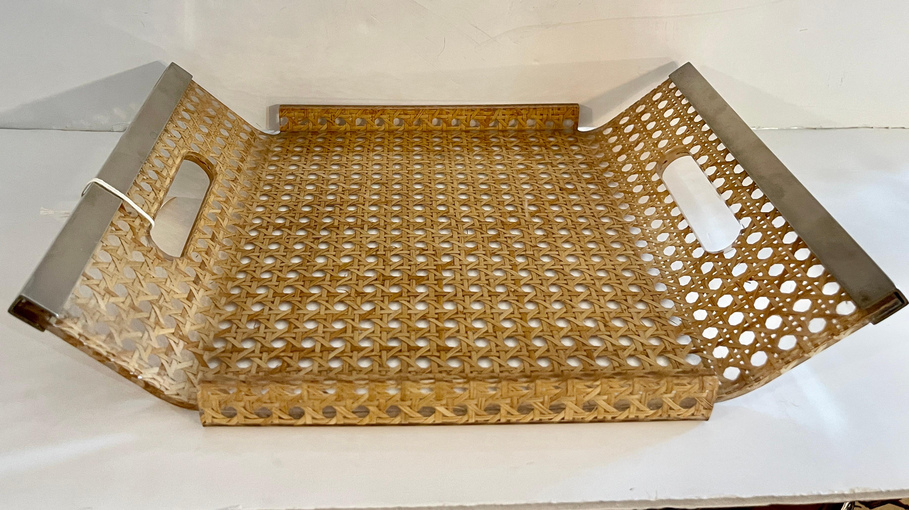 Great and unusual shape for this, Italian Lucite & Vienna Straw Serving Tray with Chrome Handles, 1960-1970 
Very good to excellent condition, consistent with age and use, no chips and very minor scratches from use.
